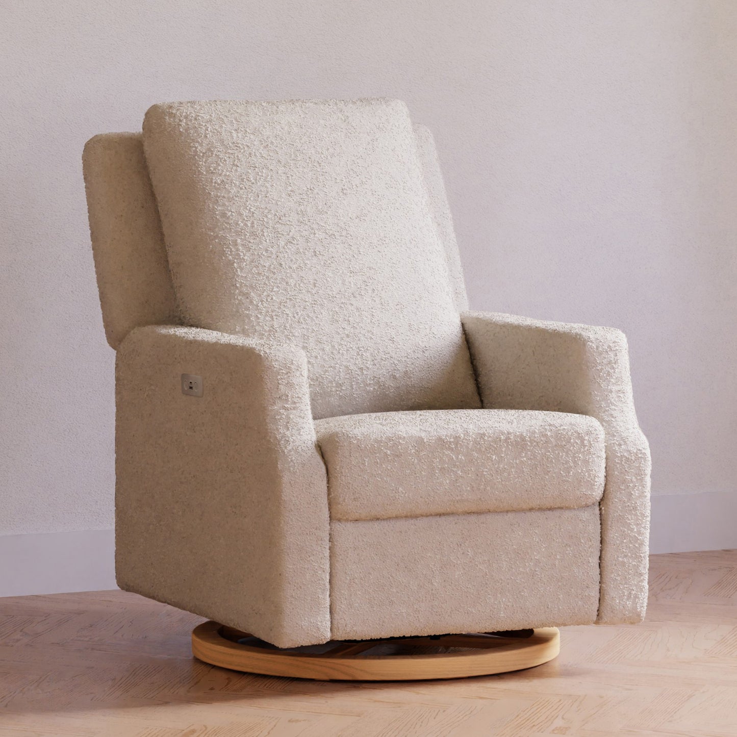 M22286WBLB,Namesake,Crewe Electronic Swivel Glider Recliner in Ivory Boucle w/Light Wood Base