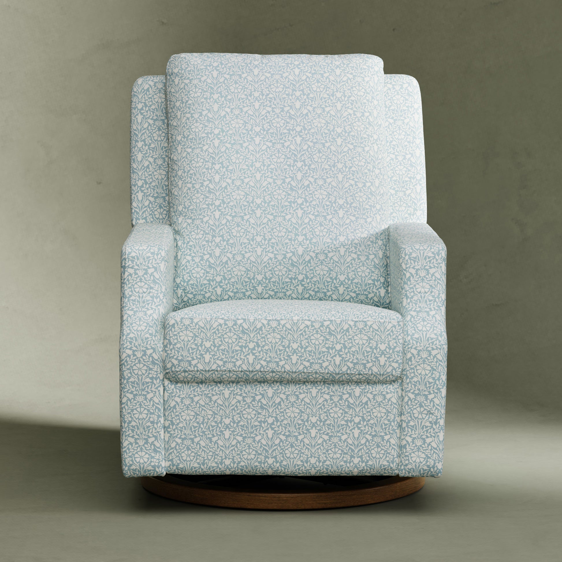 M22287BPBDB,Namesake,Crewe Recliner and Swivel Glider in Bellflowers in Powdered Blue w/Dark Wood Base