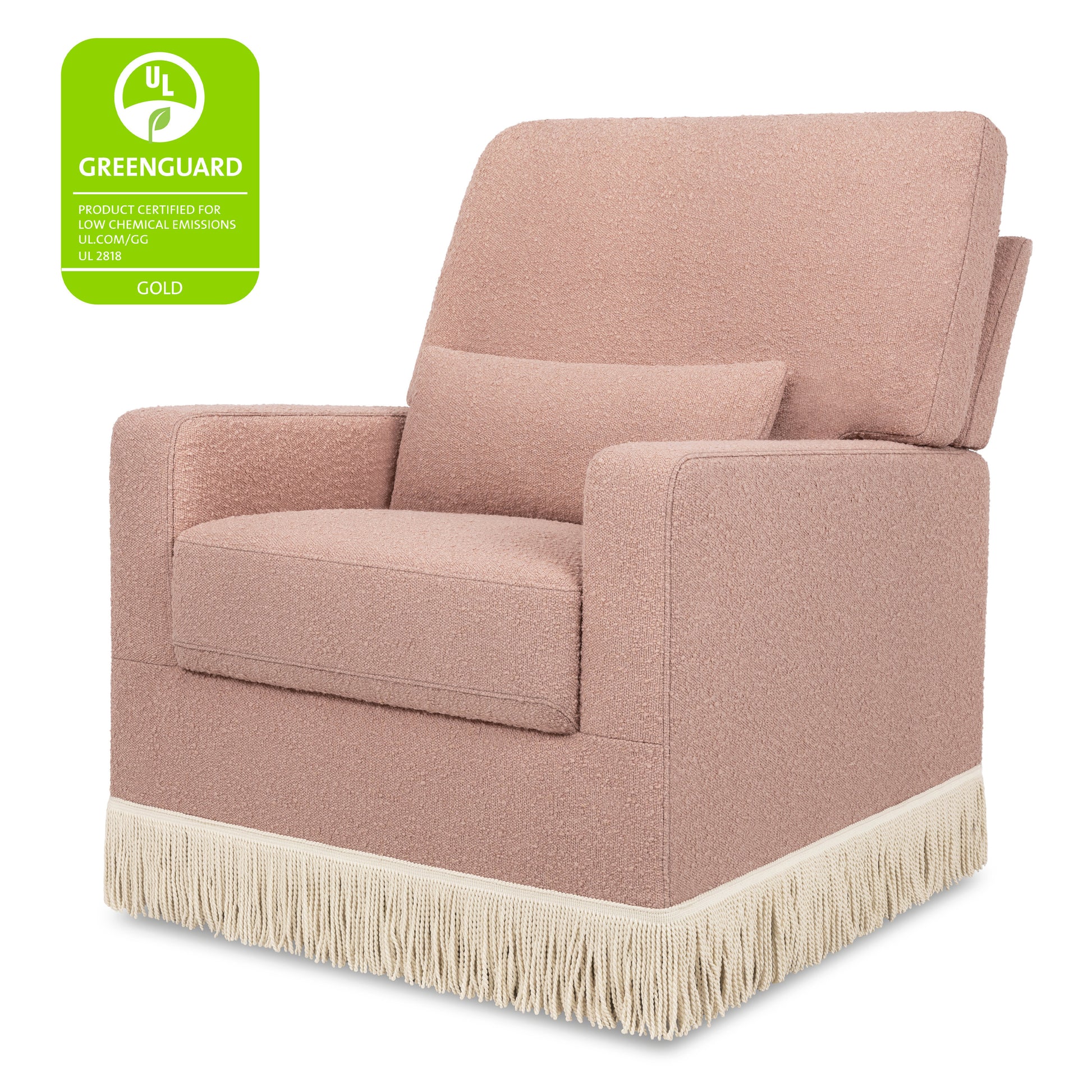 M21787RSBIF,Namesake,Crawford Pillowback Comfort Swivel Glider in Rose Boucle with Ivory Tassel Fringe