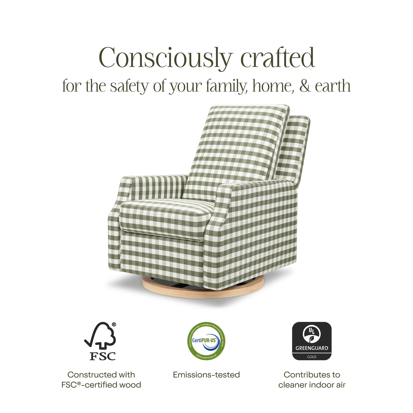 M22287GGHLB,Namesake,Crewe Recliner and Swivel Glider in Moss Green Gingham with Light Wood Base