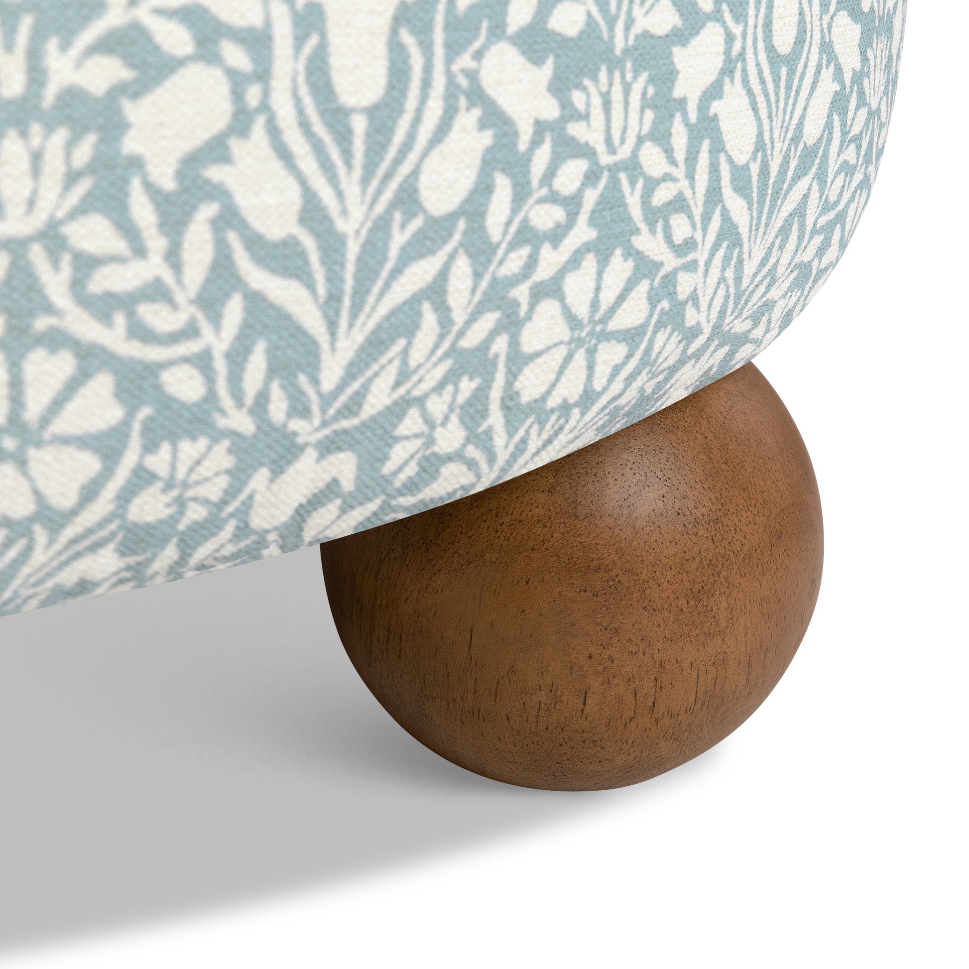 M30985BPBDF,Namesake,Tuffet Storage Ottoman Bellflowers in Powdered Blue w/DarkWood Ball Feet