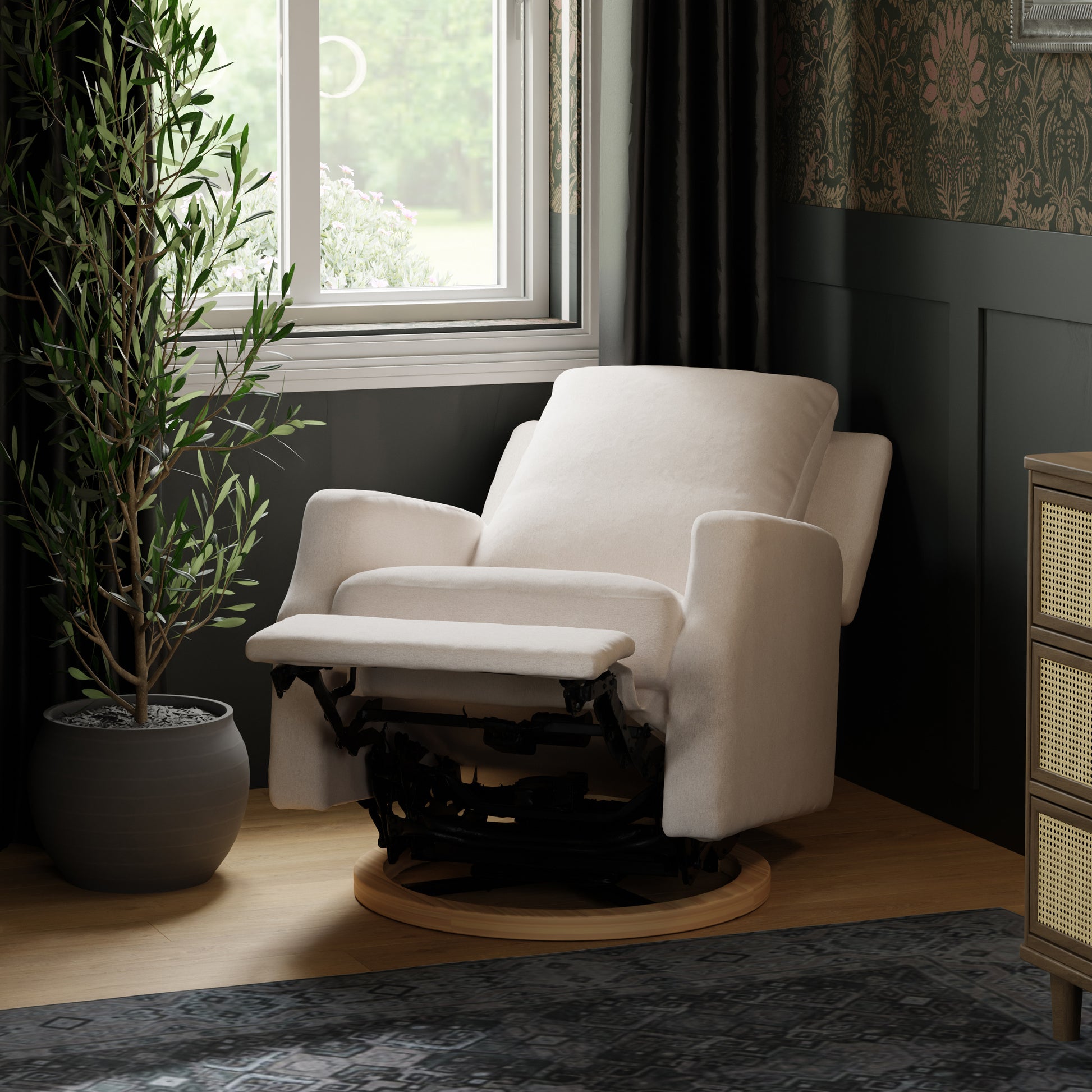 M22286PCMEWLB,Namesake,Crewe Electronic Swivel Glider Recliner in Performance Cream Eco-Weave w/Light Wood Base