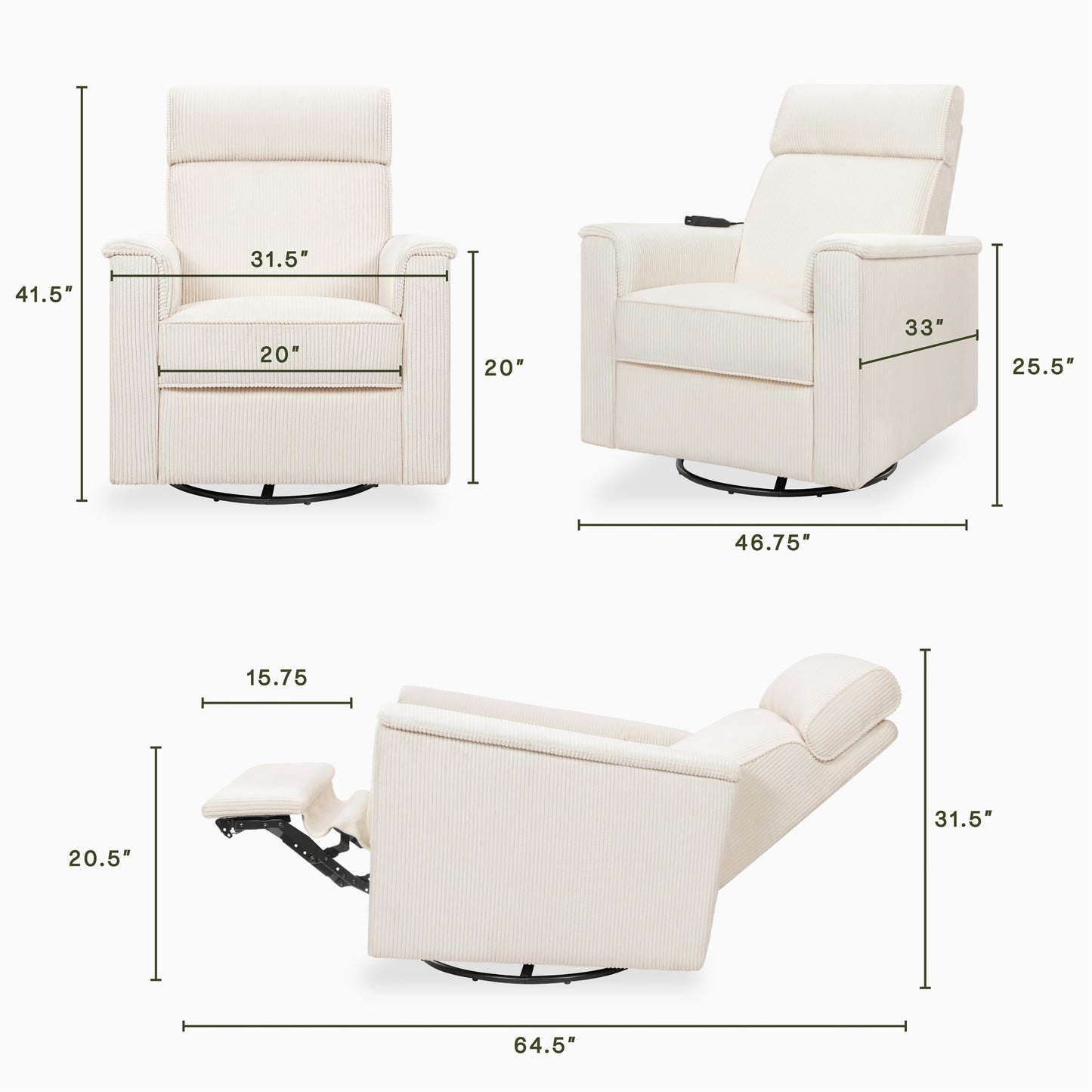 B17183YC,Monogram by Namesake,Willa Deluxe Power Glider Recliner w/Heat&Massage in Ivory Corduroy