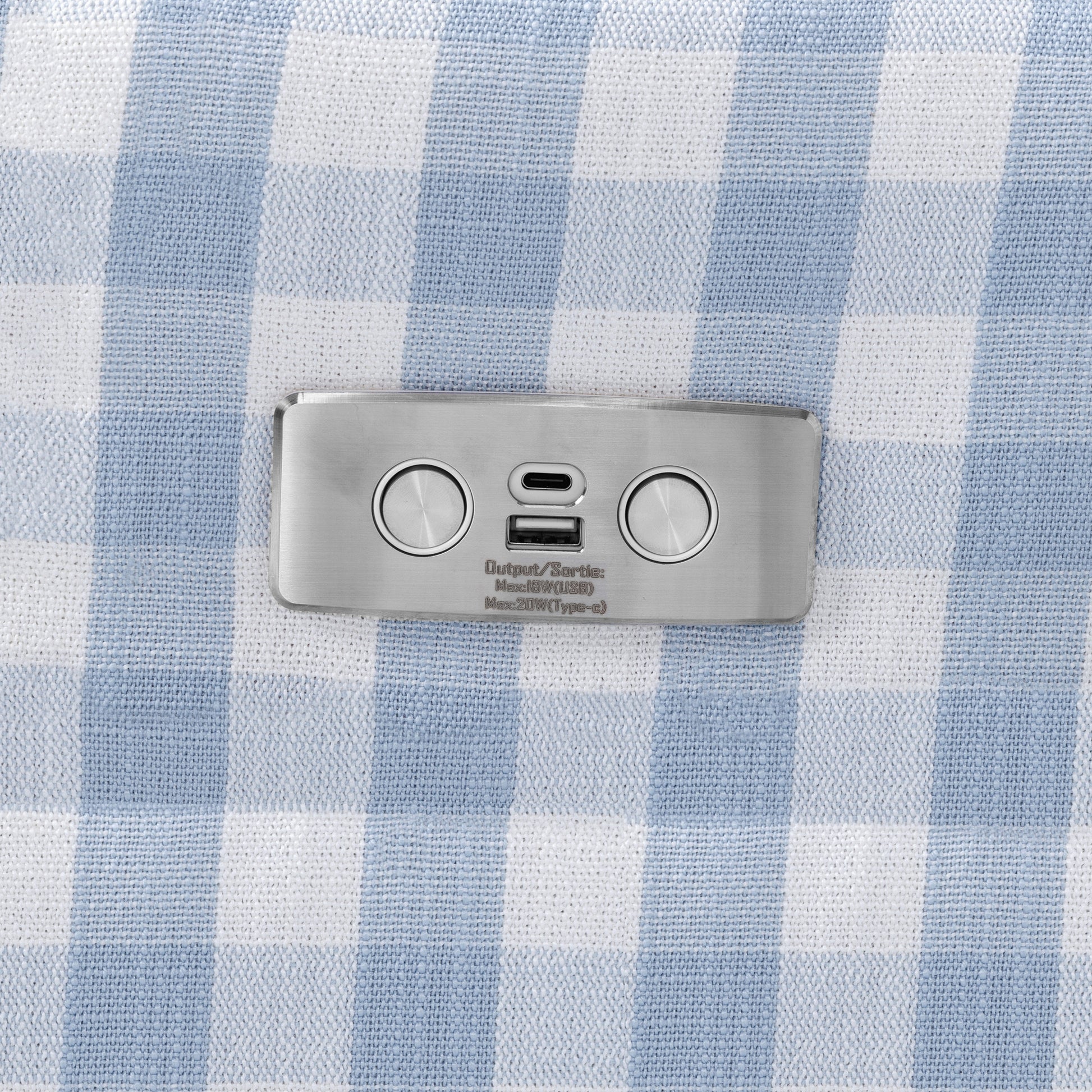 M22286BGHLB,Namesake,Crewe Electronic Swivel Glider Recliner in Blue Gingham with Light Wood Base