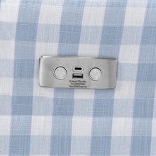 M22286BGHLB,Namesake,Crewe Electronic Swivel Glider Recliner in Blue Gingham with Light Wood Base