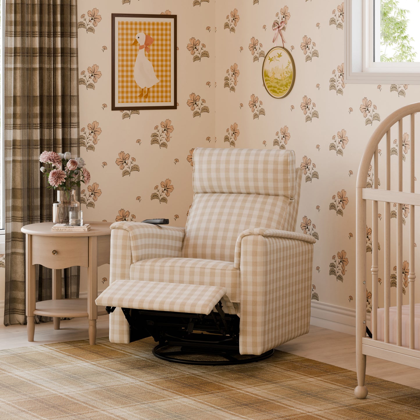 M17183TGH,Namesake,Willa Deluxe Power Glider Recliner w/Heat&Massage in Tan Gingham