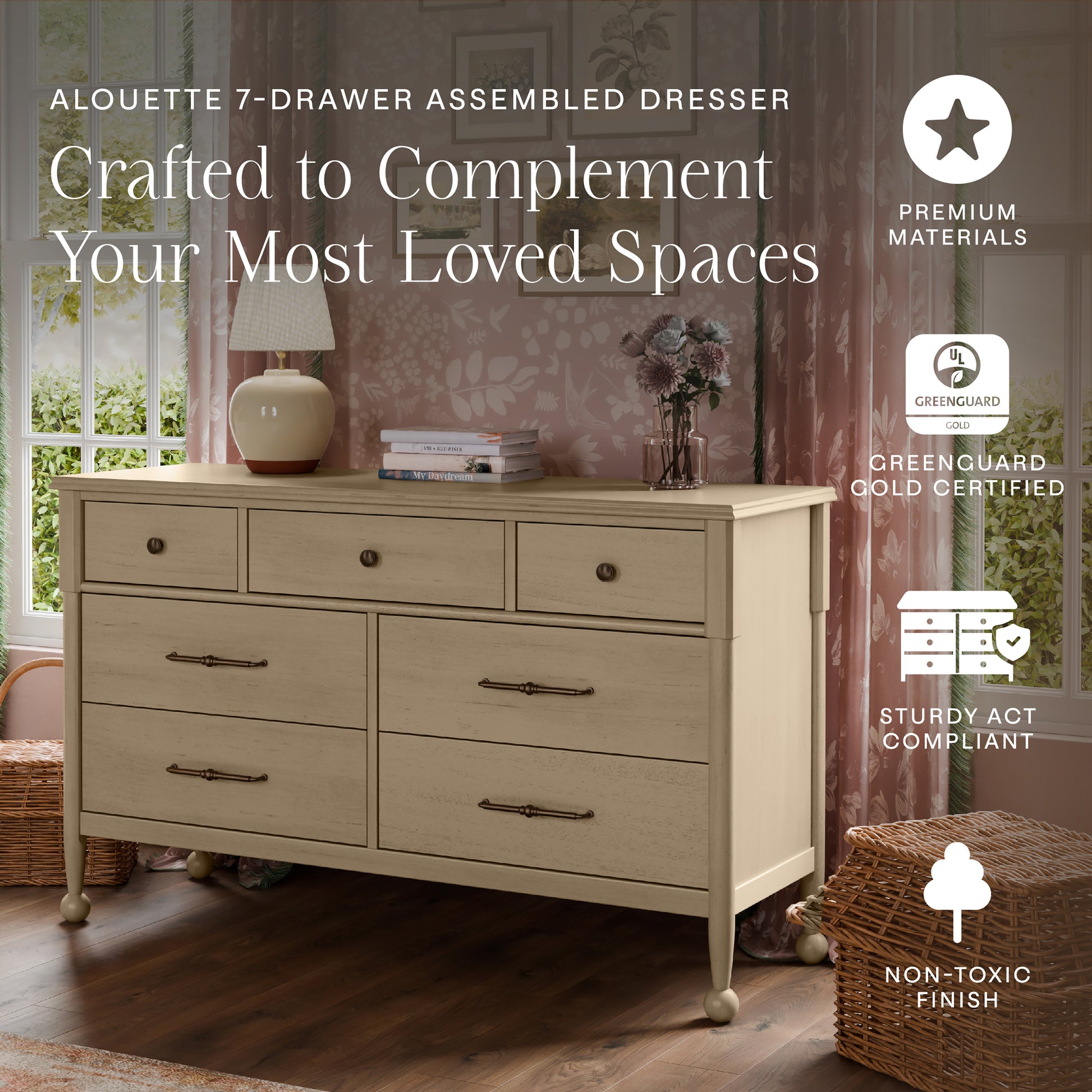 M31416WP,Namesake,Alouette 7-Drawer Assembled Dresser in Washed Pine