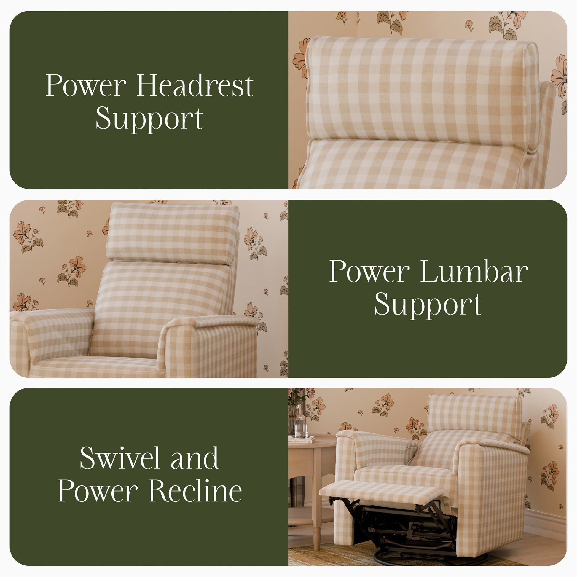 M17182TGH,Namesake,Willa Pro Power Glider Recliner w/ Power Lumbar in Tan Gingham