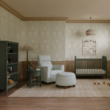 M30985BPBDF,Namesake,Tuffet Storage Ottoman Bellflowers in Powdered Blue w/DarkWood Ball Feet