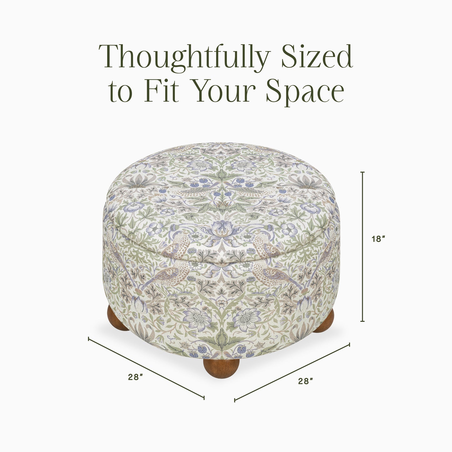 M30985TTFTDF,Namesake,Tuffet Storage Ottoman Strawberry Thief in Fig&Thyme w/DarkWood Ball Feet