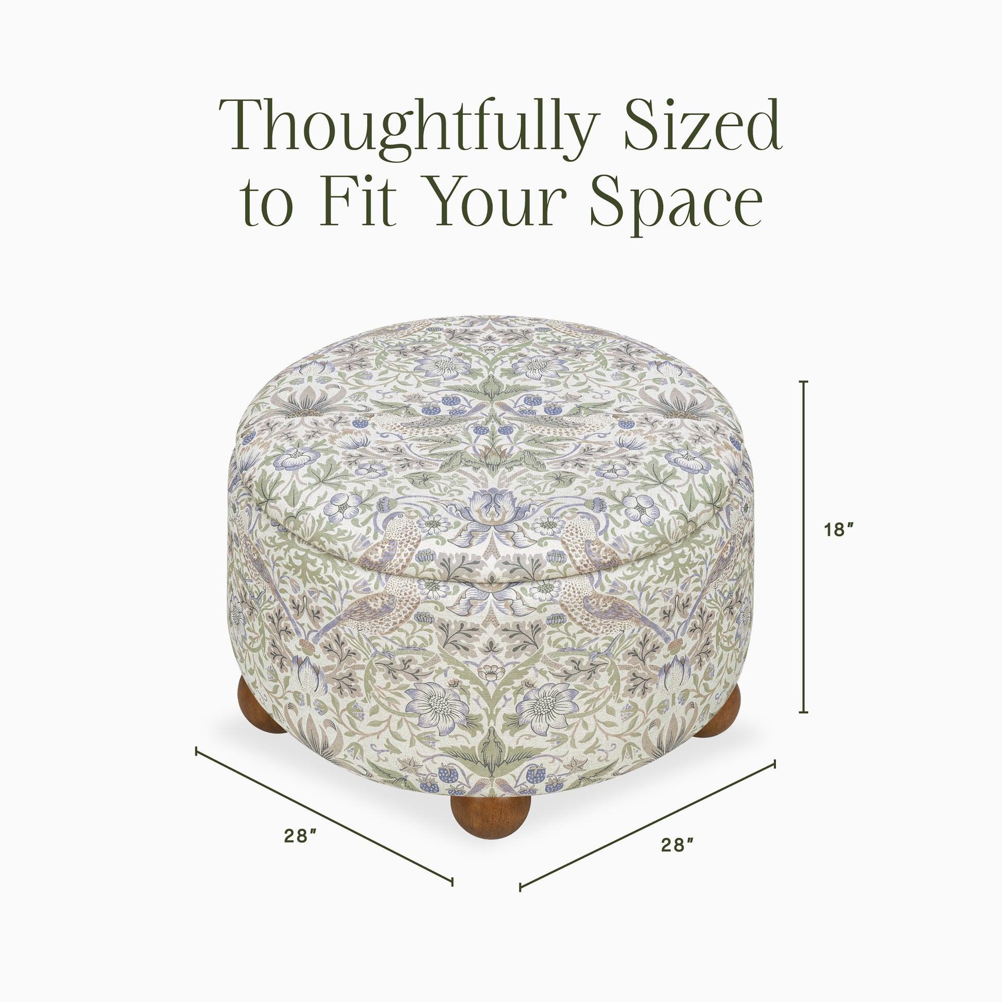 M30985TTFTDF,Namesake,Tuffet Storage Ottoman Strawberry Thief in Fig&Thyme w/DarkWood Ball Feet