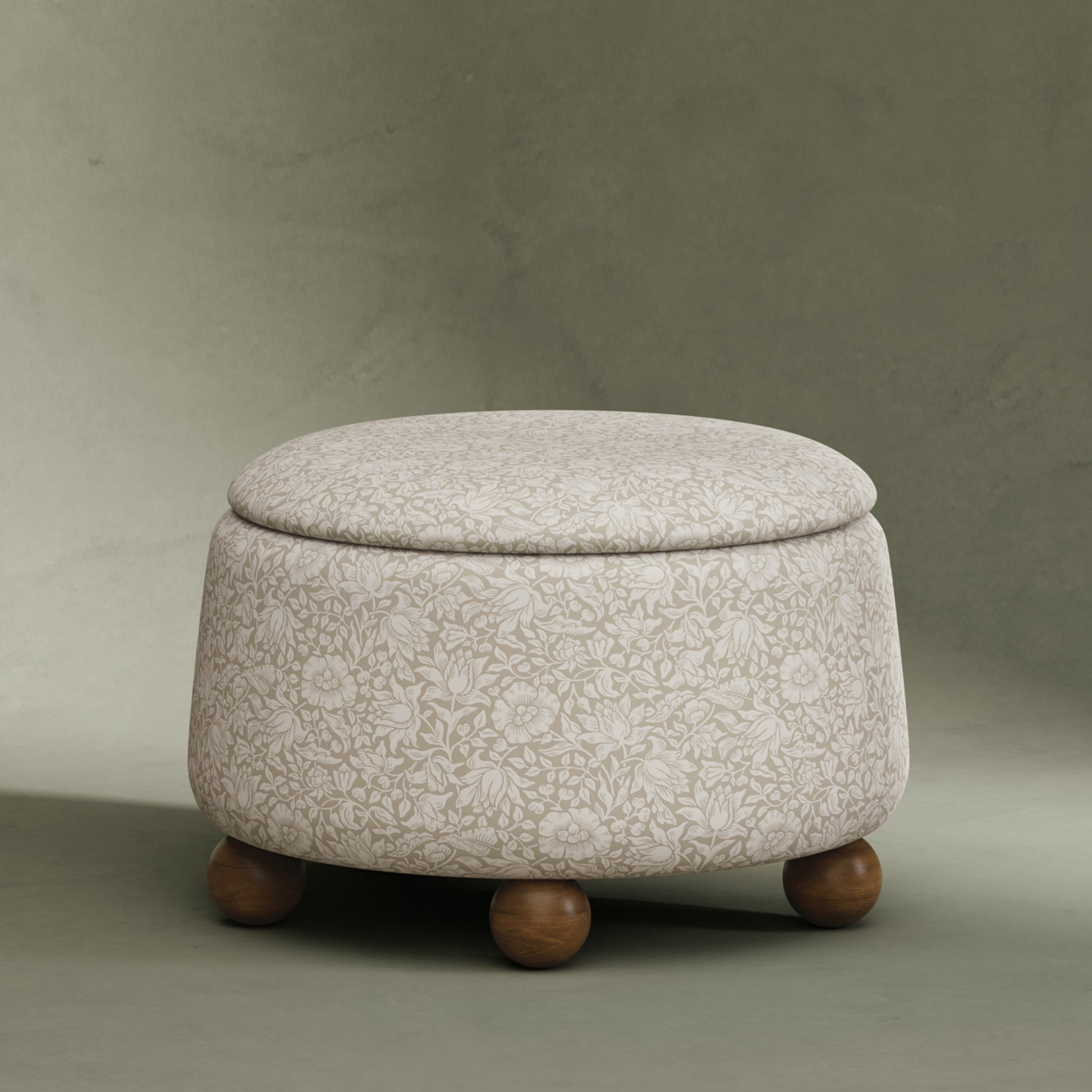 M30985MADF,Namesake,Tuffet Storage Ottoman Mallow in Ash w/ Dark Wood Ball Feet