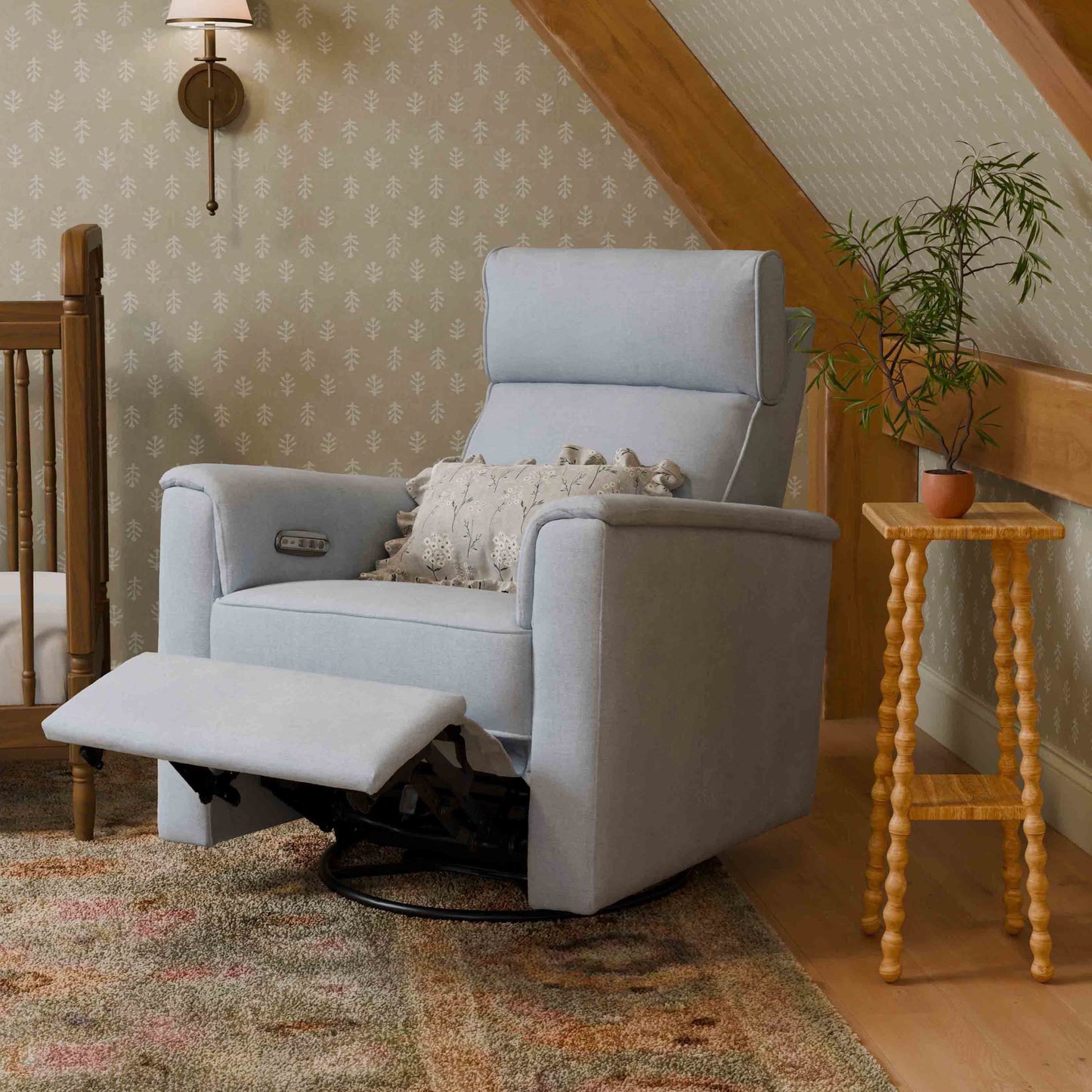 M17186PCET,Namesake,Willa Plus Power Glider Recliner w/ Power Headrest in Performance Blue Chambray Eco-Twill