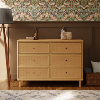 M23716HYHC,Namesake,Marin with Cane 6 Drawer Assembled Dresser in Honey and Honey Cane