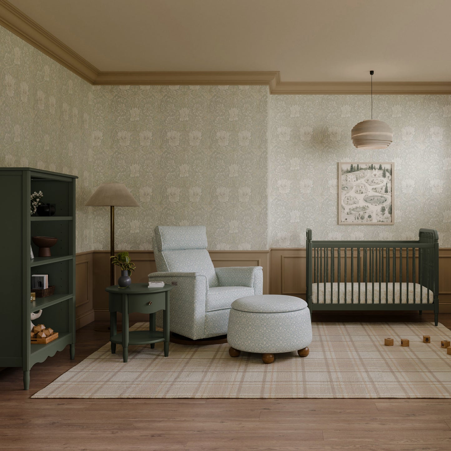 M17186BPBDB,Namesake,Willa Plus Power Glider Recliner w/ Power Headrest in Bellflowers in Powdered Blue w/ Dark Wood Base