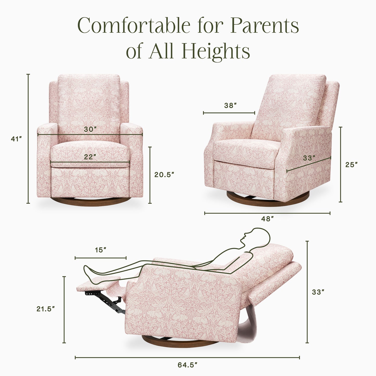 M22287PBRRDB,Namesake,Crewe Recliner and Swivel Glider in Pure Brer Rabbit in Rose w/Dark Wood Base