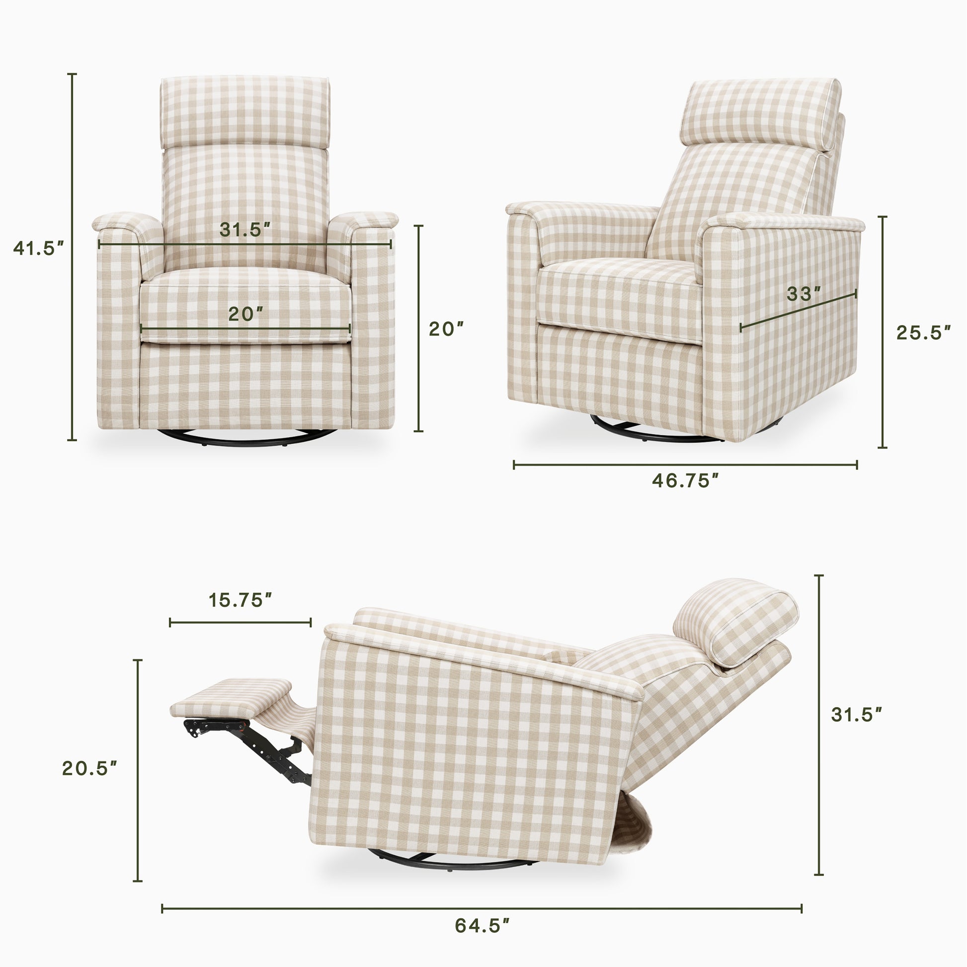 M17182TGH,Namesake,Willa Pro Power Glider Recliner w/ Power Lumbar in Tan Gingham