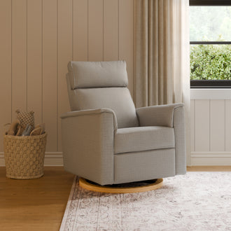 B17186PGEWLB,Monogram by Namesake,Willa Plus Power Glider Recliner w/ Power Headrest in Performance Grey Eco-Weave w/Light Wood Base