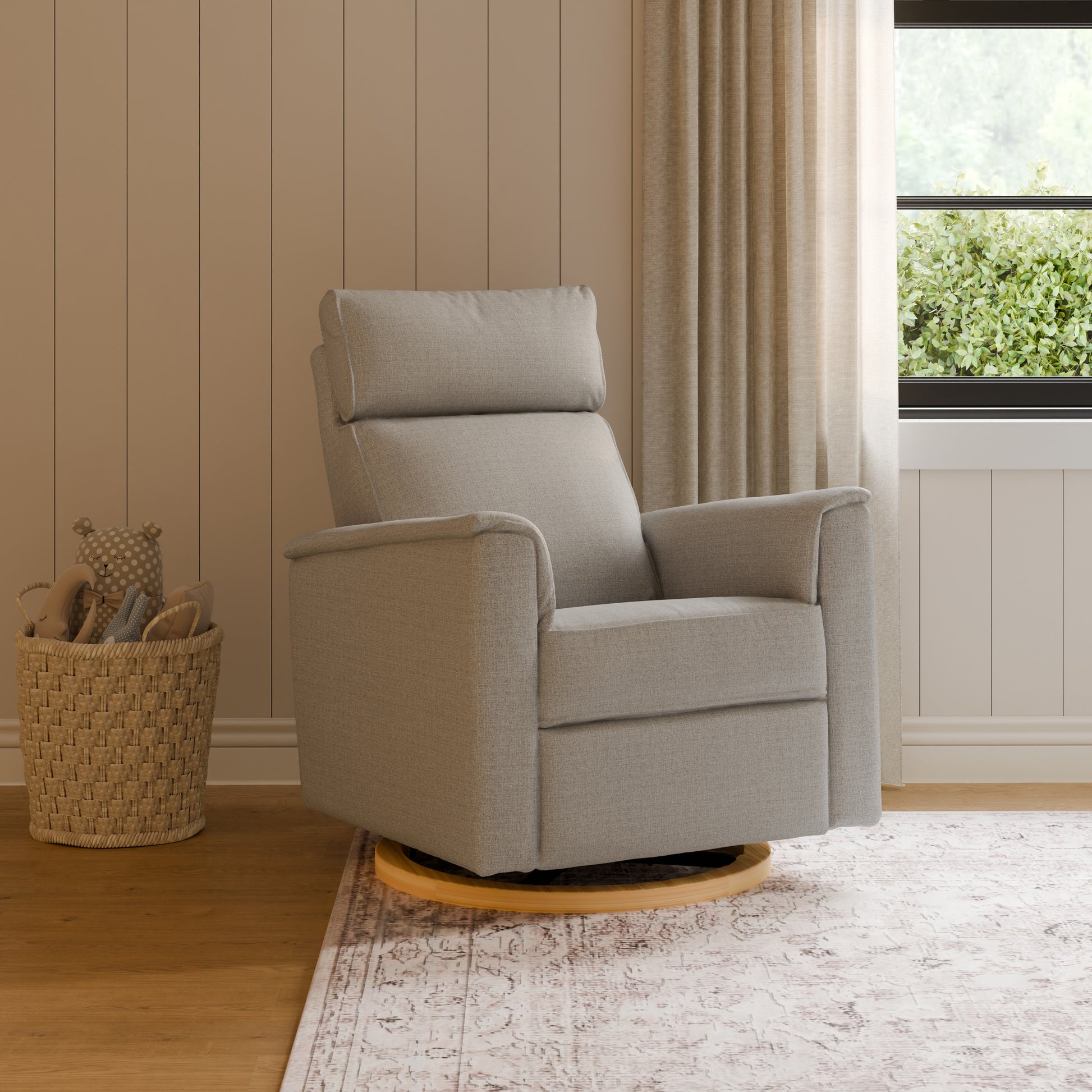 B17186PGEWLB,Monogram by Namesake,Willa Plus Power Glider Recliner w/ Power Headrest in Performance Grey Eco-Weave w/Light Wood Base