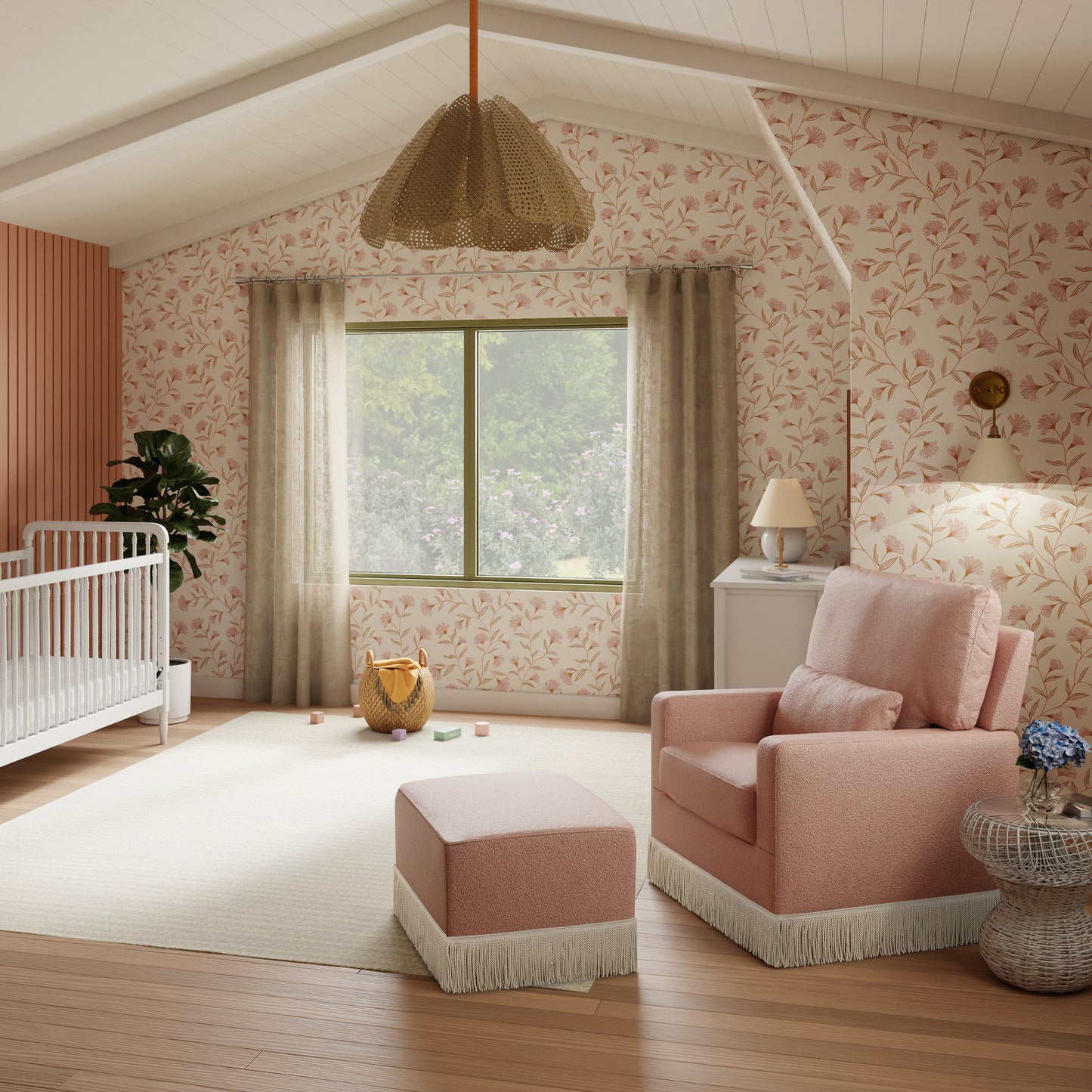 M21787RSBIF,Namesake,Crawford Pillowback Comfort Swivel Glider in Rose Boucle with Ivory Tassel Fringe