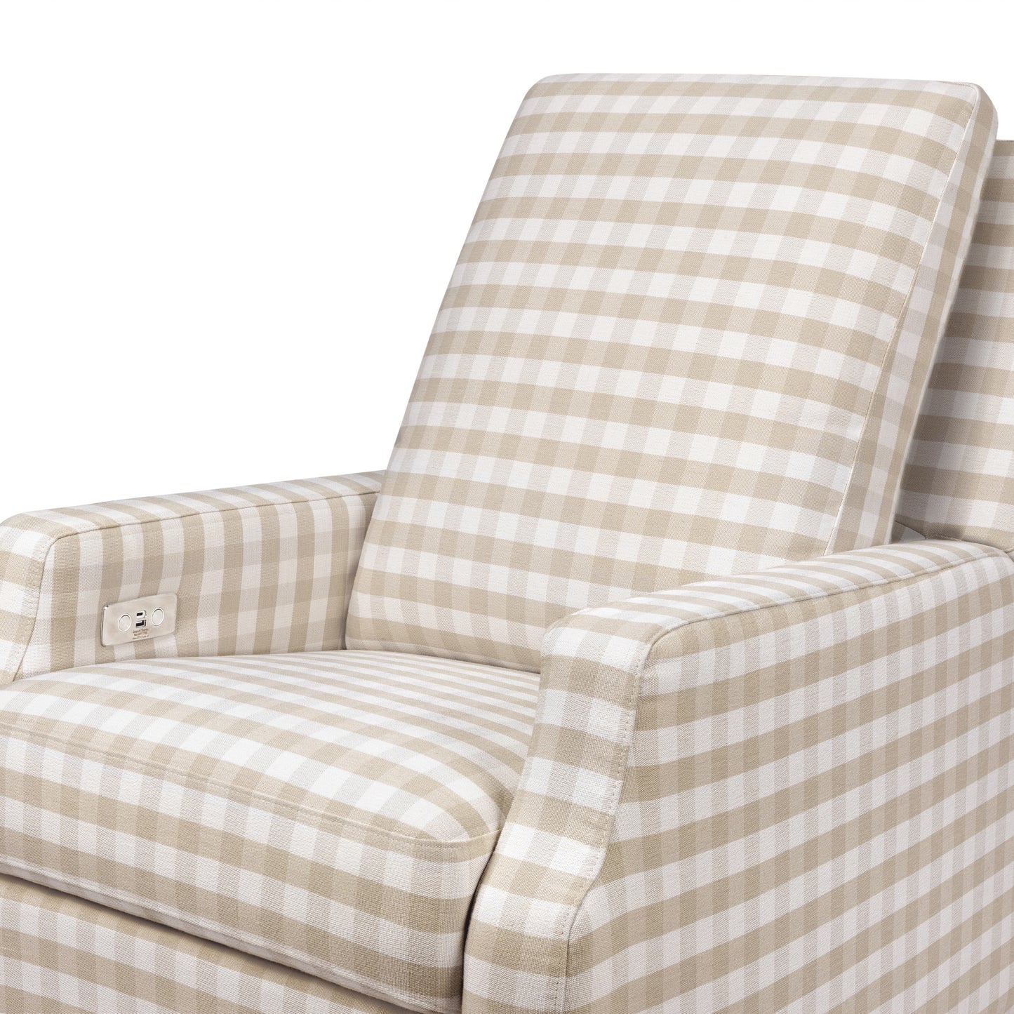M22286TGHLB,Crewe Electronic Swivel Glider Recliner in Tan Gingham with Light Wood Base