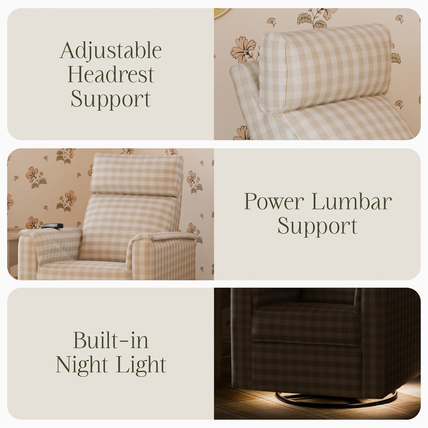 M17183TGH,Namesake,Willa Deluxe Power Glider Recliner w/Heat&Massage in Tan Gingham