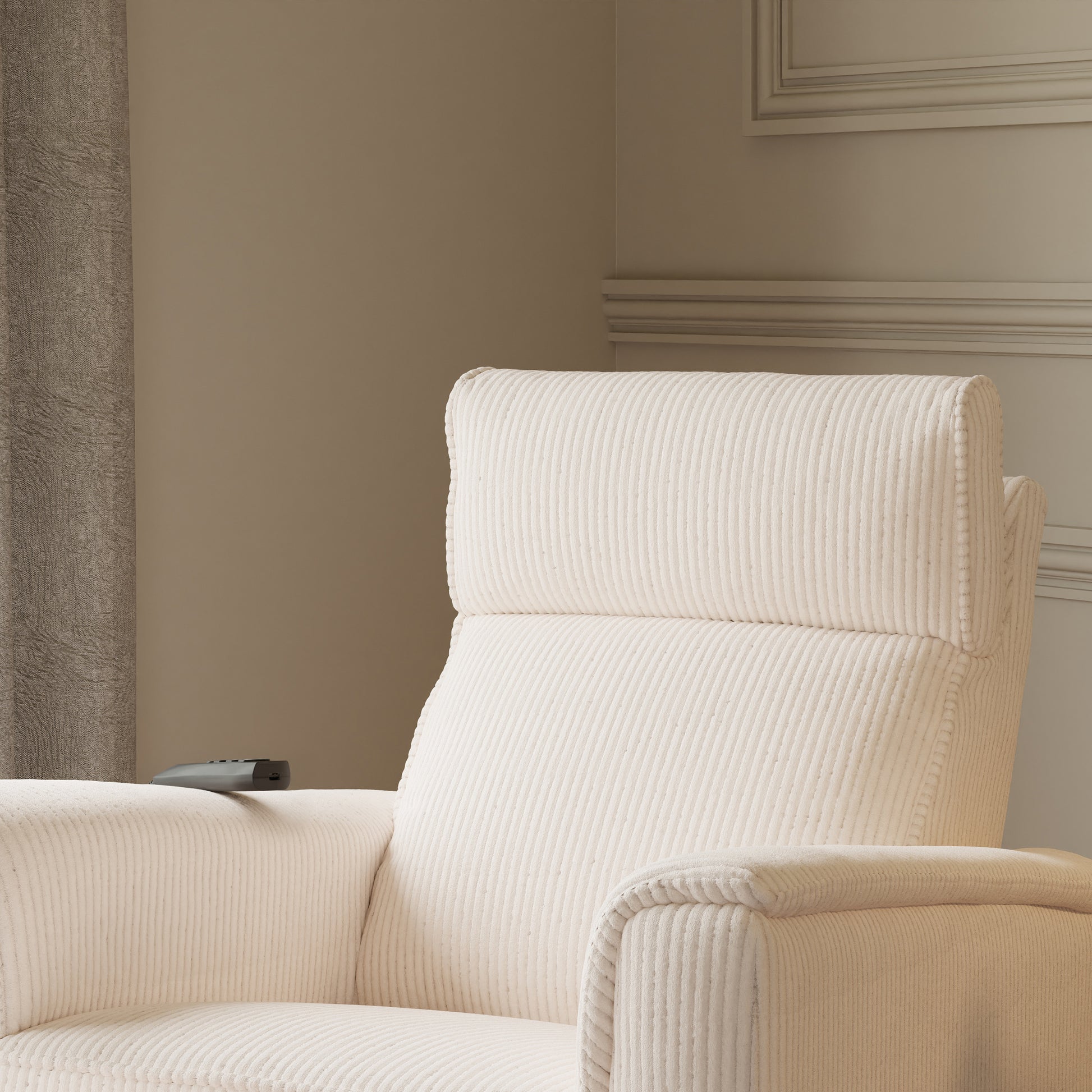 B17183YC,Monogram by Namesake,Willa Deluxe Power Glider Recliner w/Heat&Massage in Ivory Corduroy