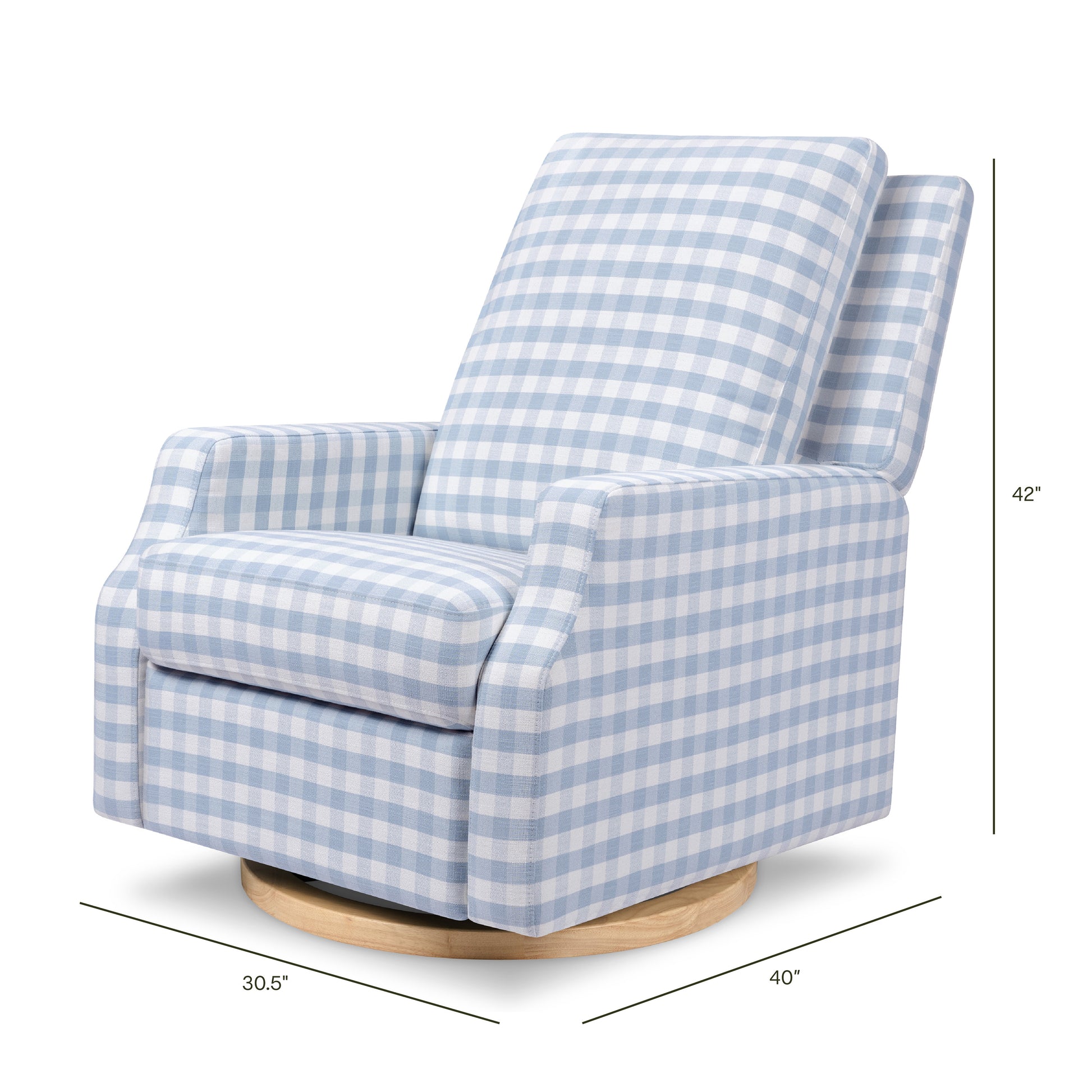 M22286BGHLB,Namesake,Crewe Electronic Swivel Glider Recliner in Blue Gingham with Light Wood Base