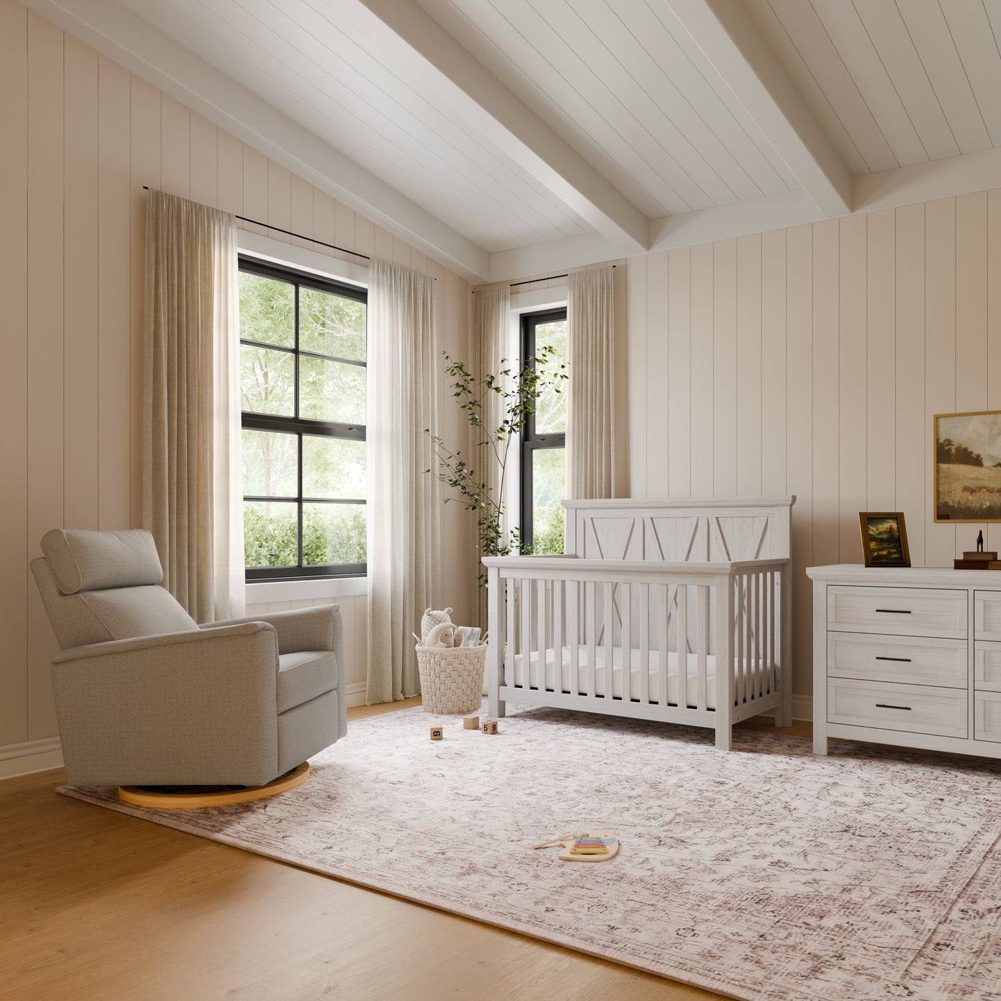 B17186PGEWLB,Monogram by Namesake,Willa Plus Power Glider Recliner w/ Power Headrest in Performance Grey Eco-Weave w/Light Wood Base