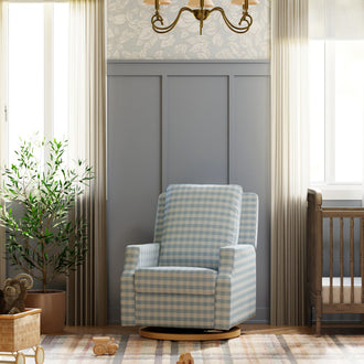 M22286BGHLB,Namesake,Crewe Electronic Swivel Glider Recliner in Blue Gingham with Light Wood Base