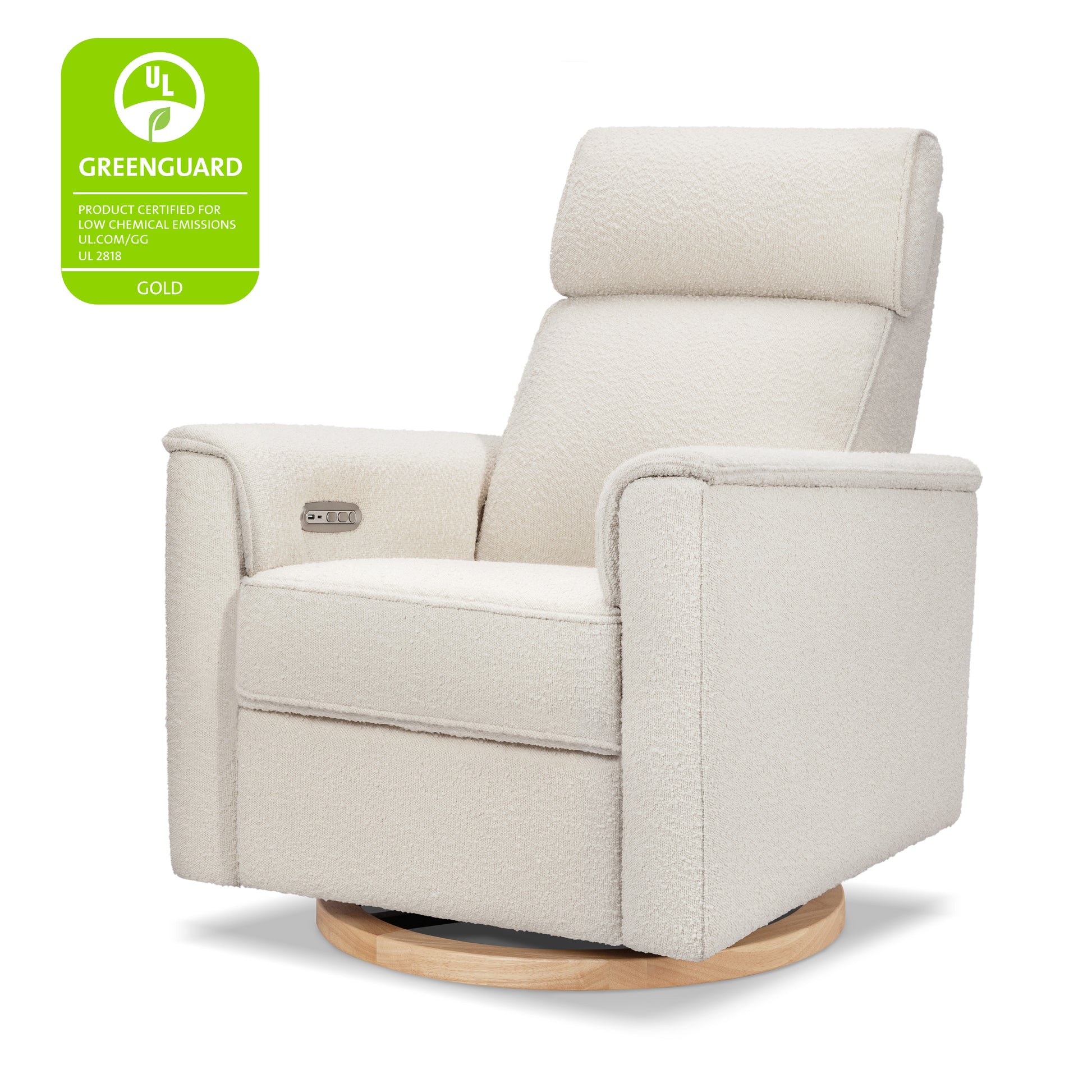 B17186WBLB,Monogram by Namesake,Willa Plus Power Glider Recliner w/ Power Headrest in Ivory Boucle with Light Wood Base