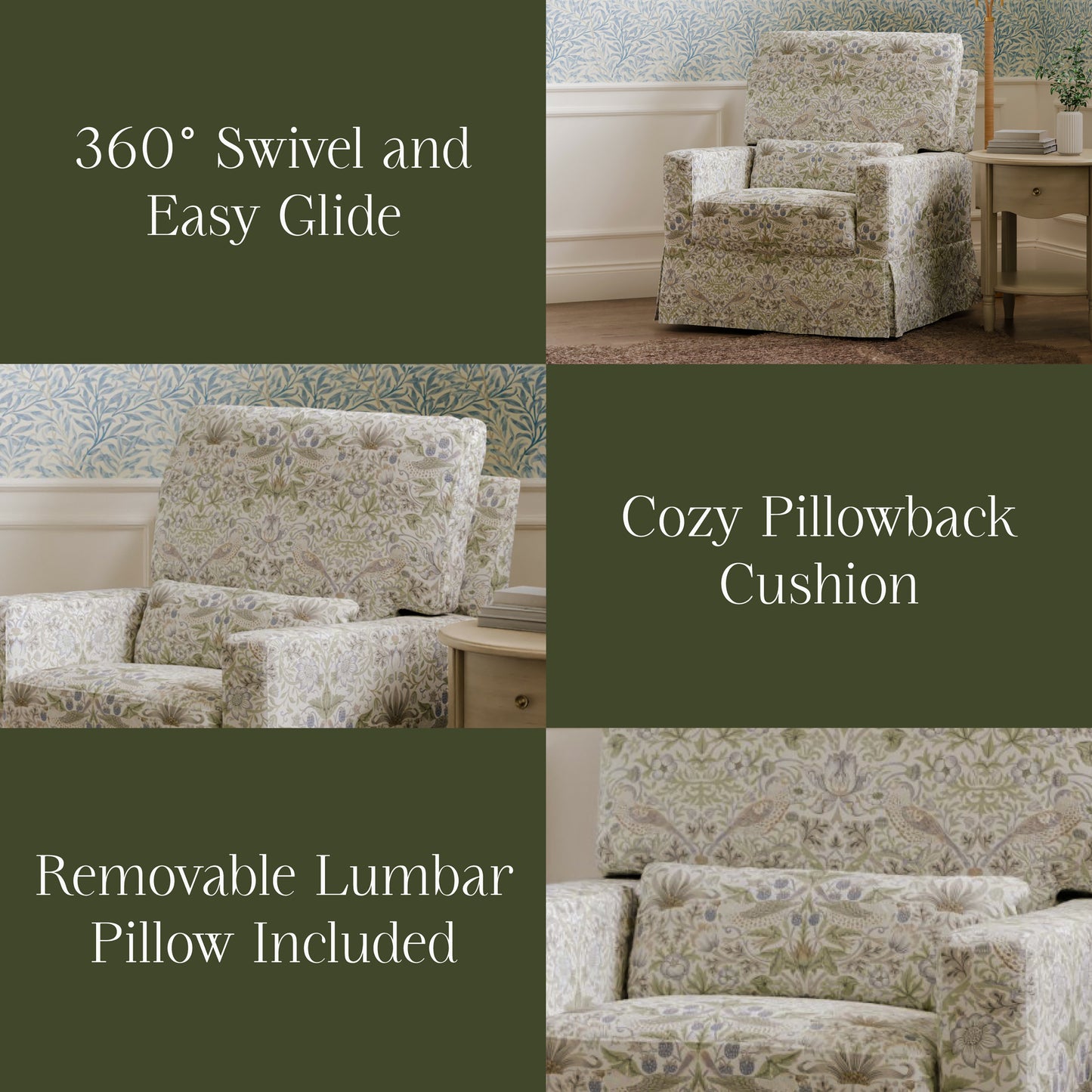 M21787TTFT,Namesake,Crawford Pillowback Comfort Swivel Glider in Strawberry Thief in Fig & Thyme