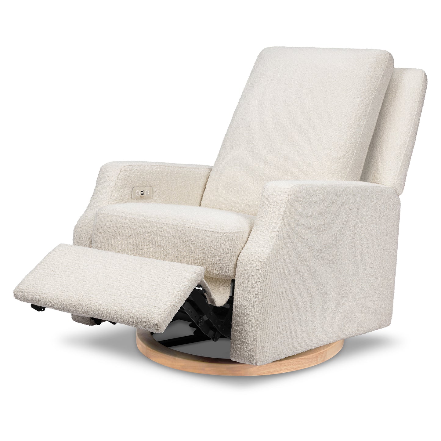 M22286WBLB,Crewe Electronic Swivel Glider Recliner in Ivory Boucle w/Light Wood Base