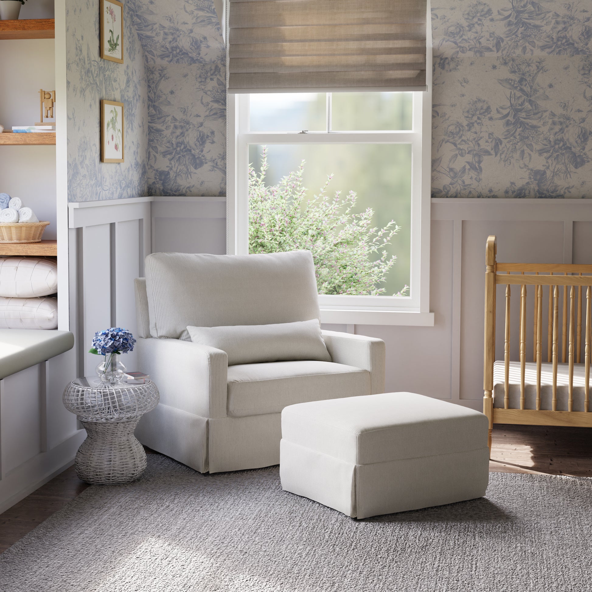 M21797FCS,Crawford Chair and a Half Pillowback Swivel Glider in Fog Chatham Stripe Performance Eco-Weave