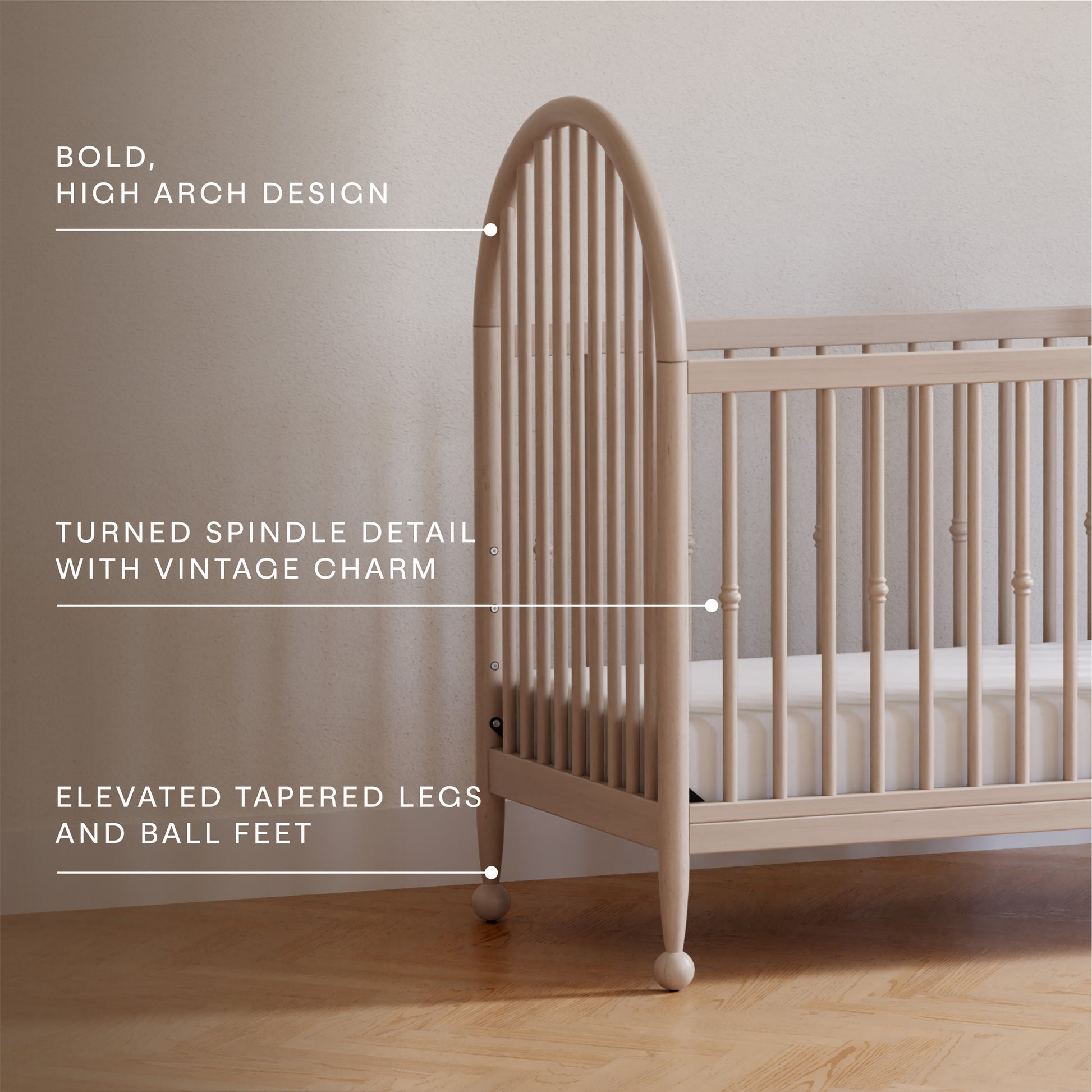 M31401WP,Namesake,Alouette 3-in-1 Convertible Spindle Crib in Washed Pine