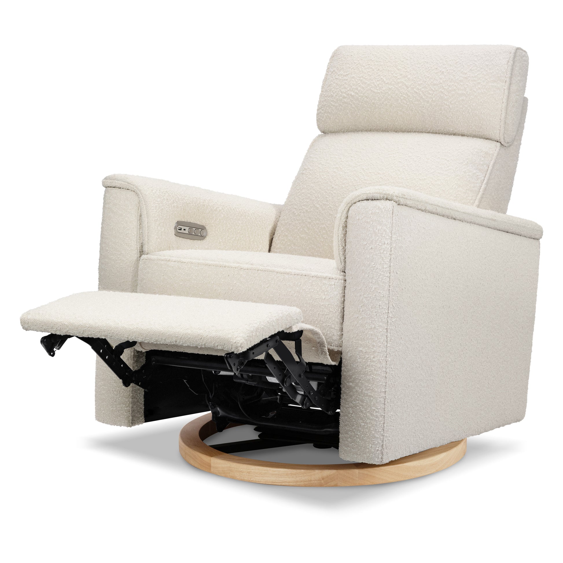 B17186WBLB,Monogram by Namesake,Willa Plus Power Glider Recliner w/ Power Headrest in Ivory Boucle with Light Wood Base