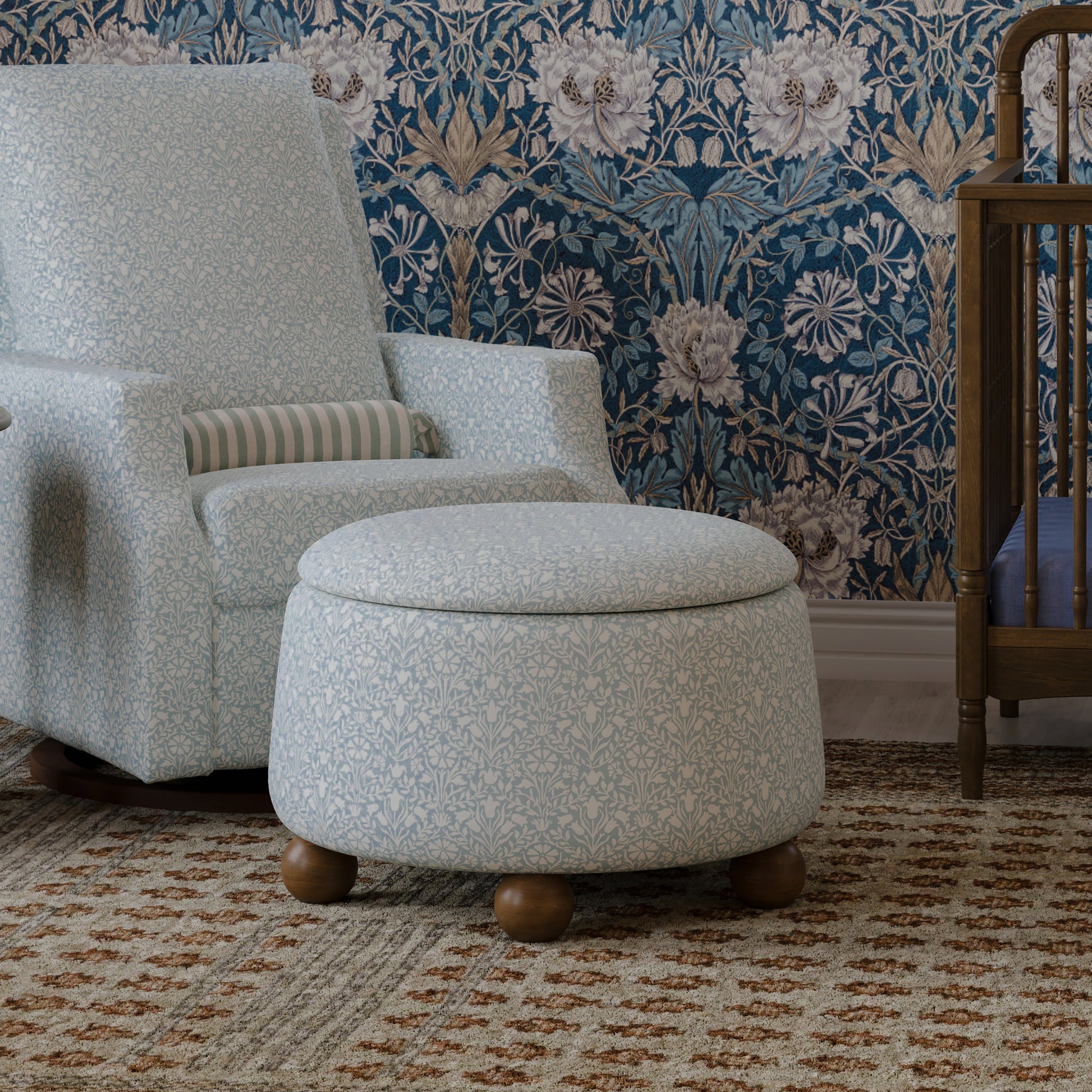 M30985BPBDF,Namesake,Tuffet Storage Ottoman Bellflowers in Powdered Blue w/DarkWood Ball Feet