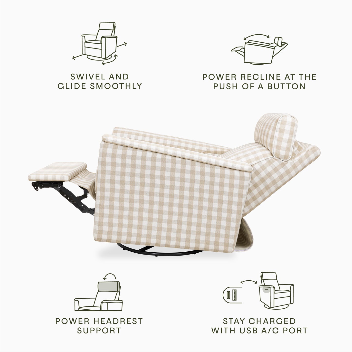 M17186TGH,Namesake,Willa Plus Power Glider Recliner w/ Power Headrest in Tan Gingham