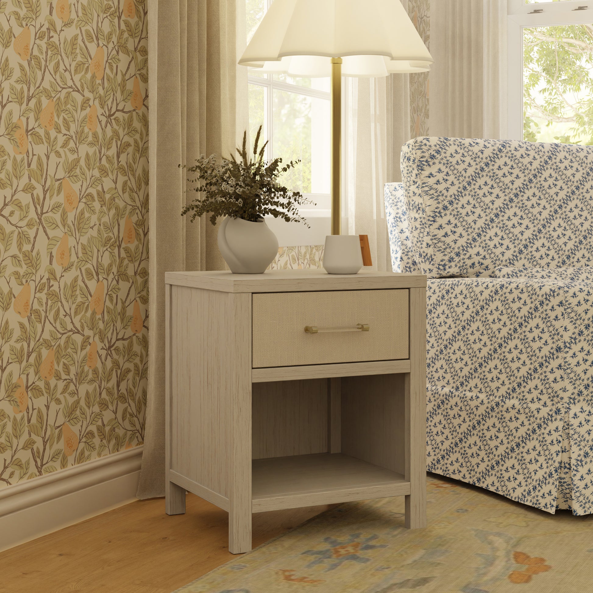 M24860WDFPEW,Namesake,Eloise Nightstand  Assembled in White Driftwood and Performance Pearl Eco-Weave