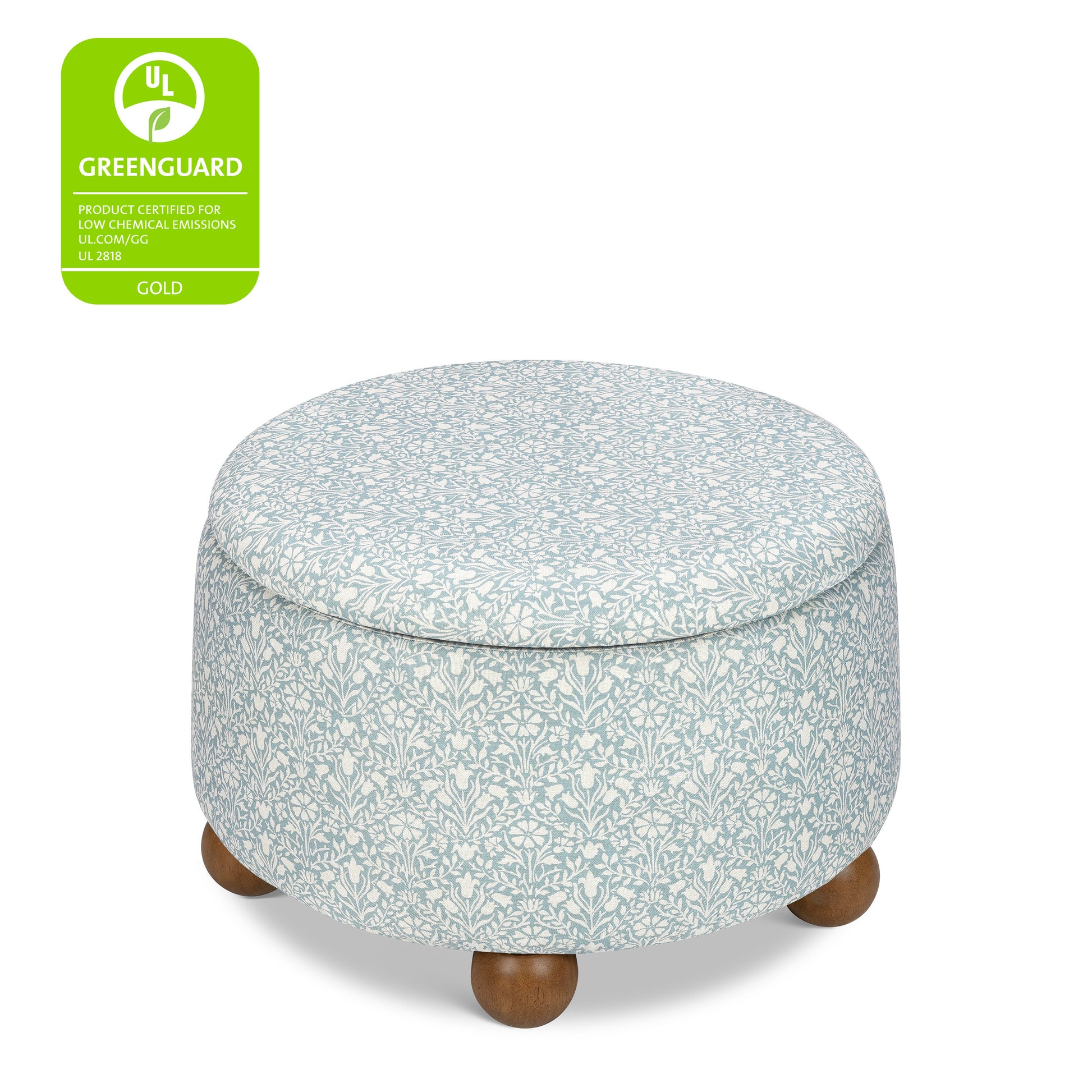 M30985BPBDF,Namesake,Tuffet Storage Ottoman Bellflowers in Powdered Blue w/DarkWood Ball Feet