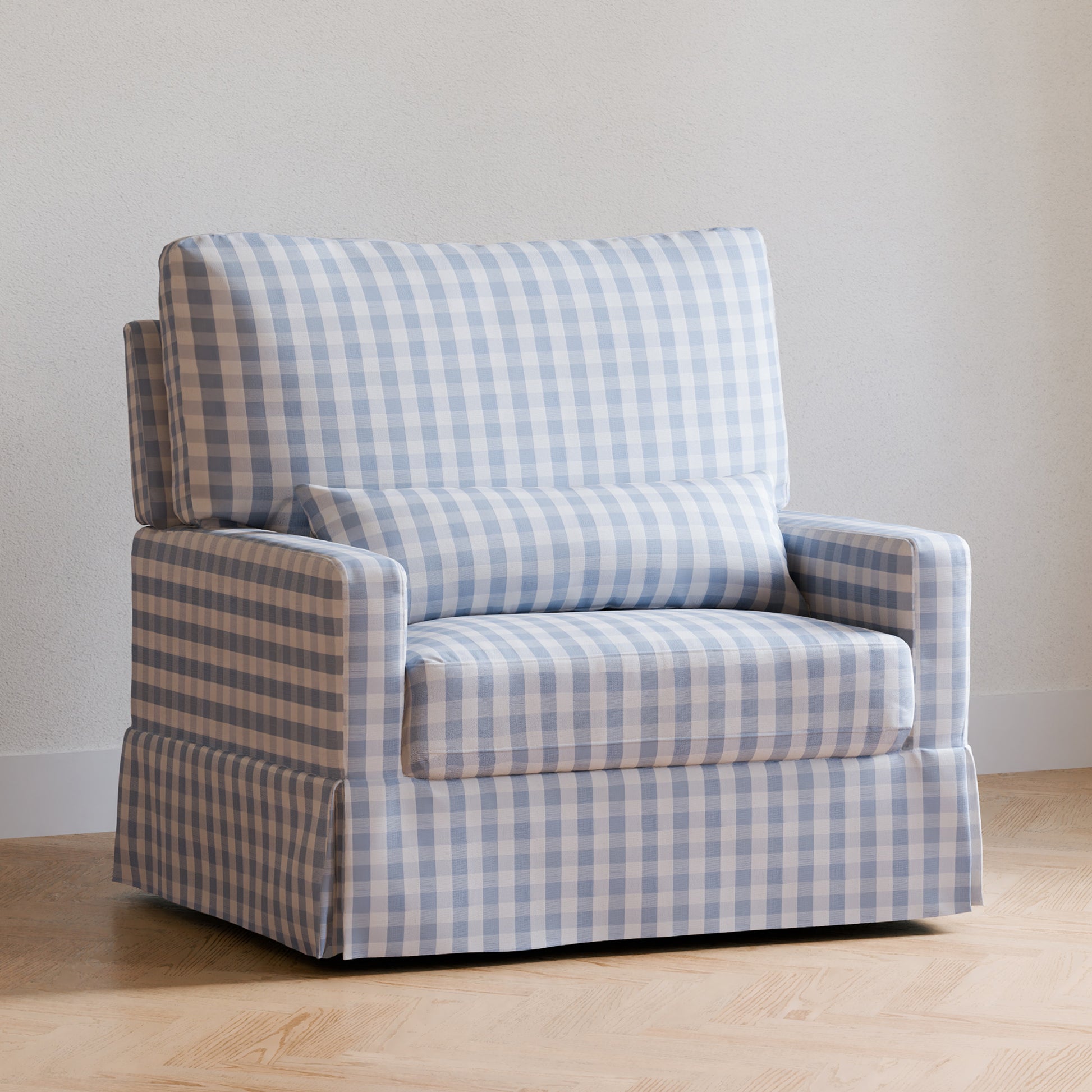 M21797BGH,Crawford Chair and a Half Pillowback Swivel Glider in Blue Gingham