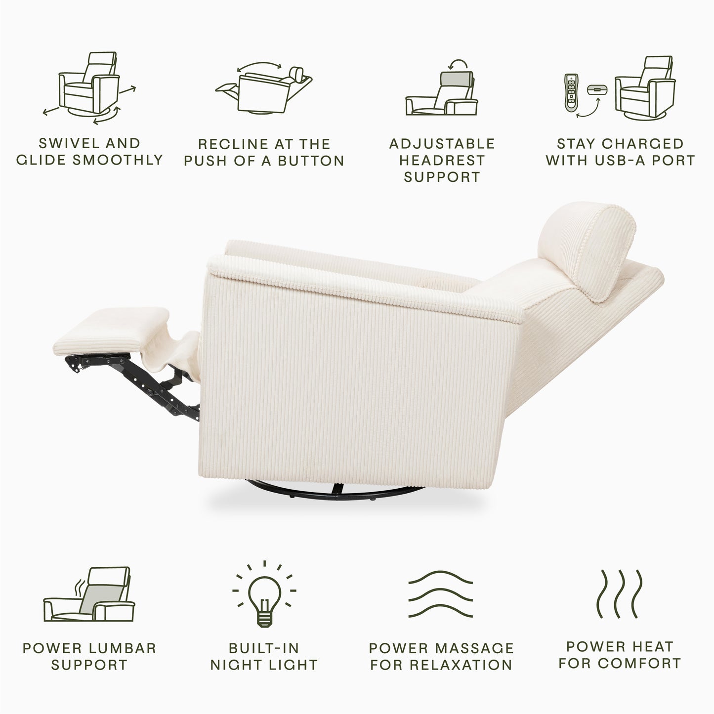 B17183YC,Monogram by Namesake,Willa Deluxe Power Glider Recliner w/Heat&Massage in Ivory Corduroy
