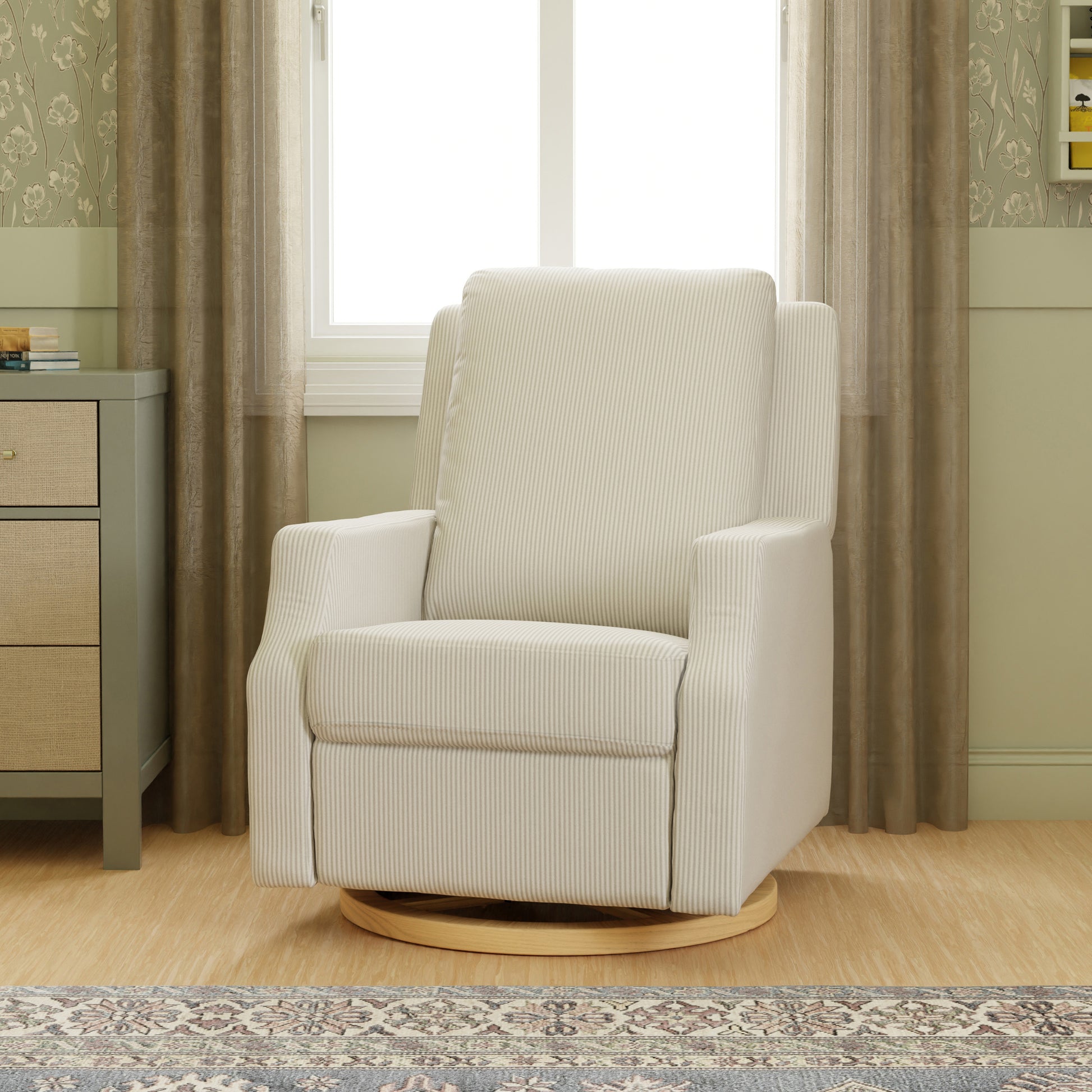 M22286FCSLB,Namesake,Crewe Electronic Swivel Glider Recliner in Fog Chatham Stripe Performance Eco-Weave w/LB