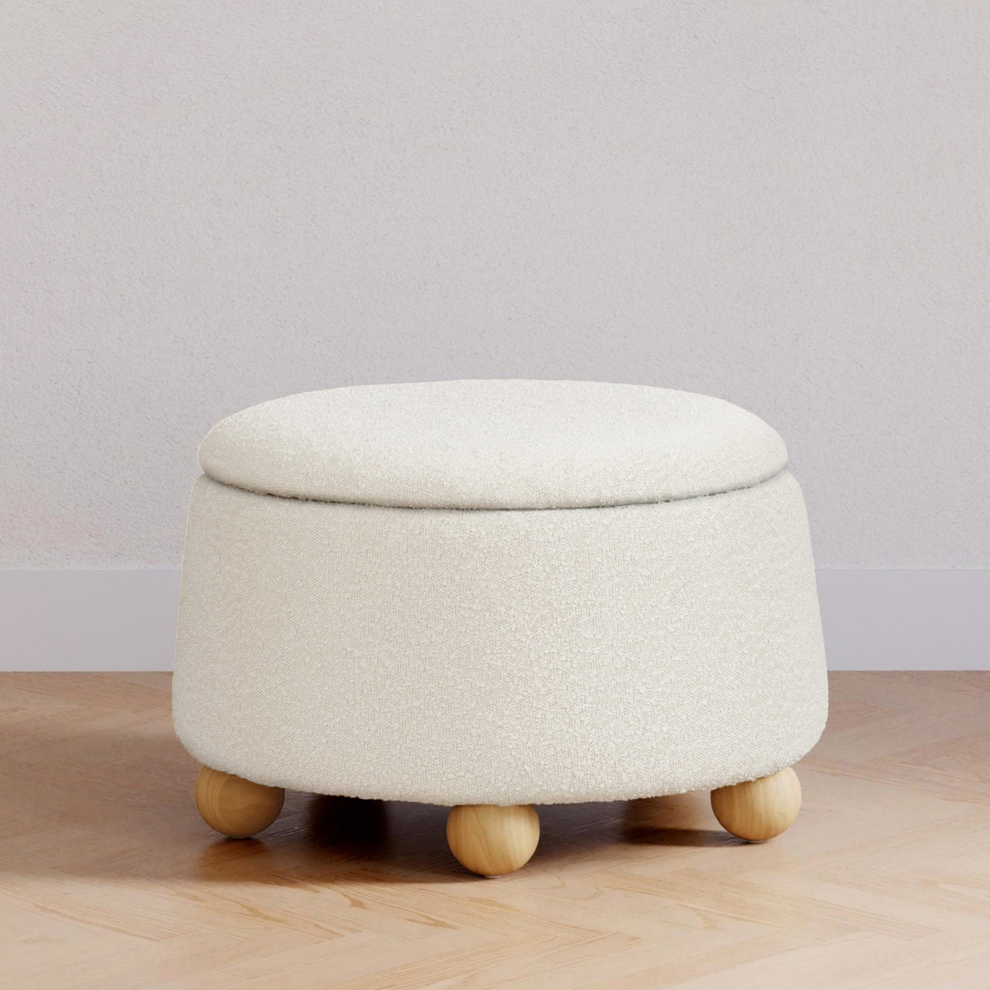 M30985PWBHF,Namesake,Tuffet Storage Ottoman in Performance Ivory Boucle w/Honey Ball Feet