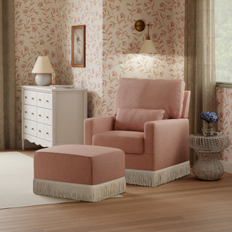 M21787RSBIF,Namesake,Crawford Pillowback Comfort Swivel Glider in Rose Boucle with Ivory Tassel Fringe