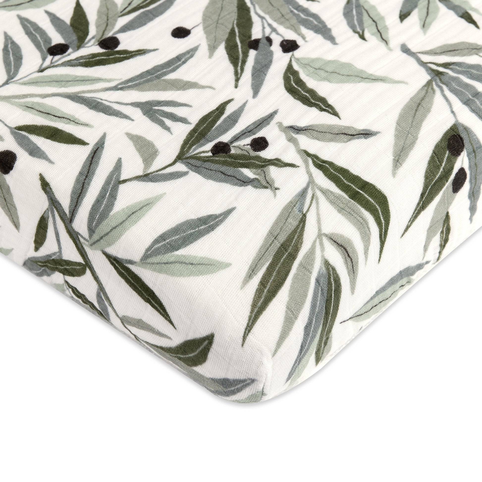 T28236,Olive Branches Muslin Mini Crib Sheet in GOTS Certified Organic Cotton