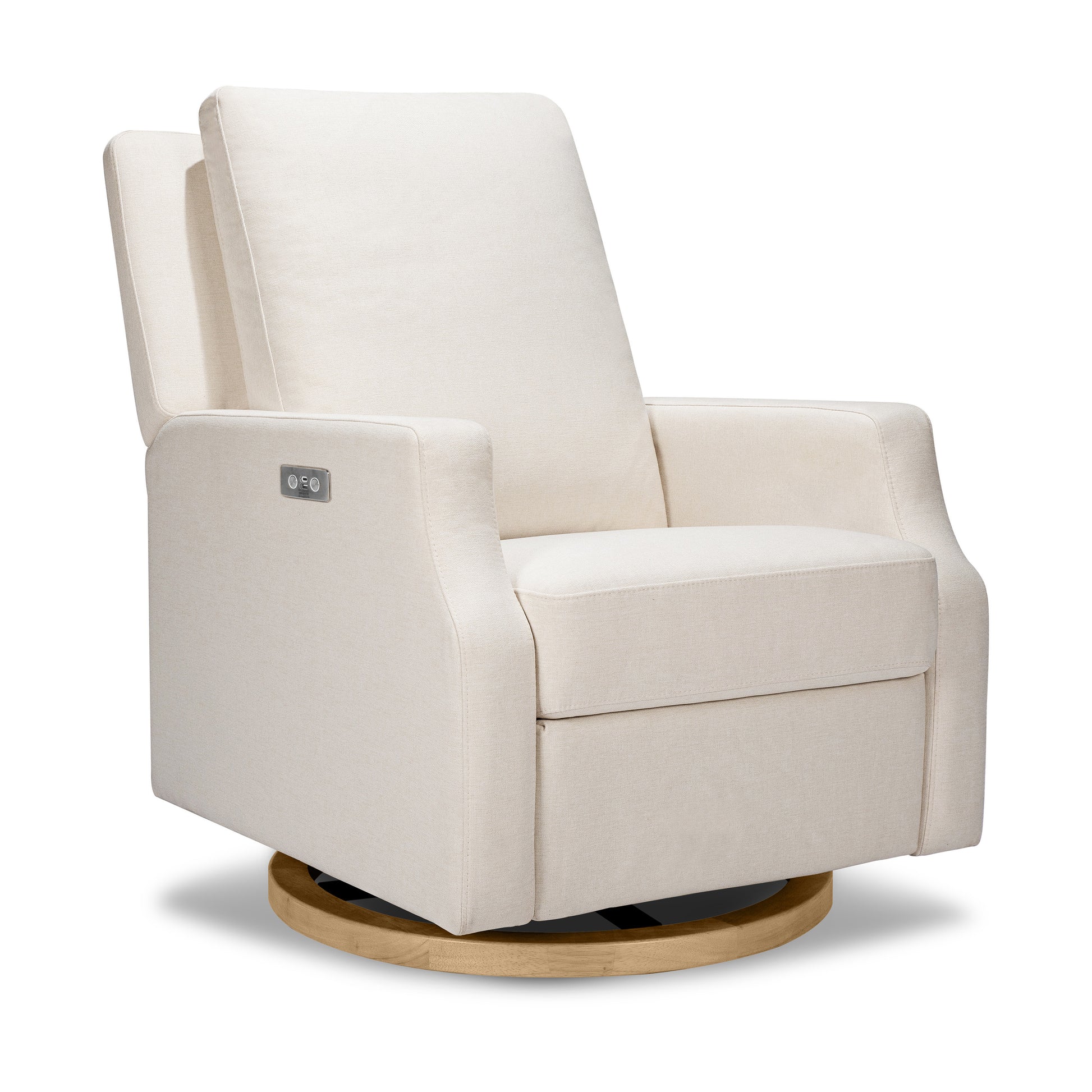M22286PCMEWLB,Namesake,Crewe Electronic Swivel Glider Recliner in Performance Cream Eco-Weave w/Light Wood Base