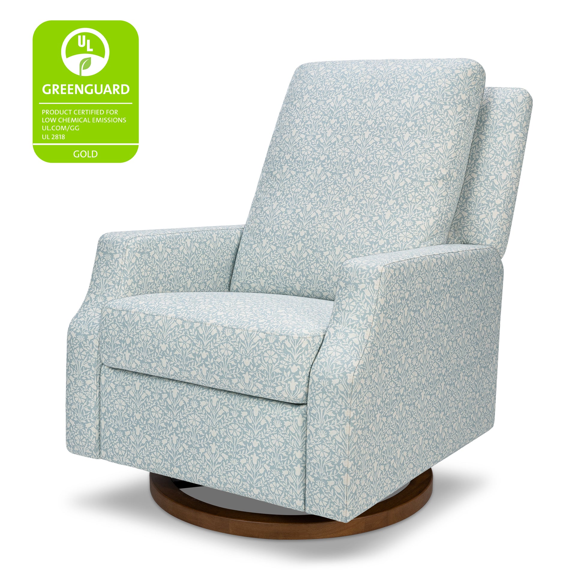 M22287BPBDB,Namesake,Crewe Recliner and Swivel Glider in Bellflowers in Powdered Blue w/Dark Wood Base
