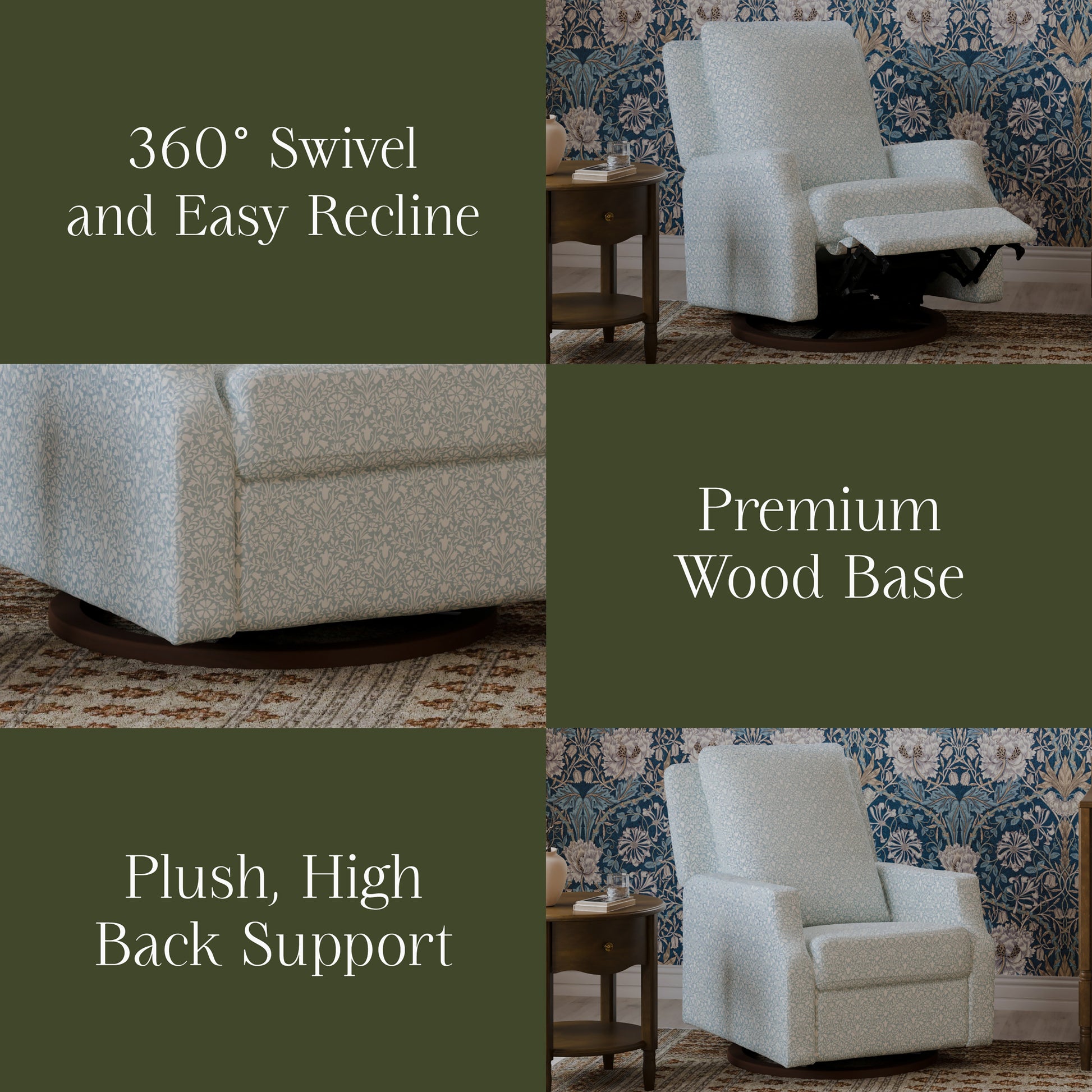 M22287BPBDB,Namesake,Crewe Recliner and Swivel Glider in Bellflowers in Powdered Blue w/Dark Wood Base