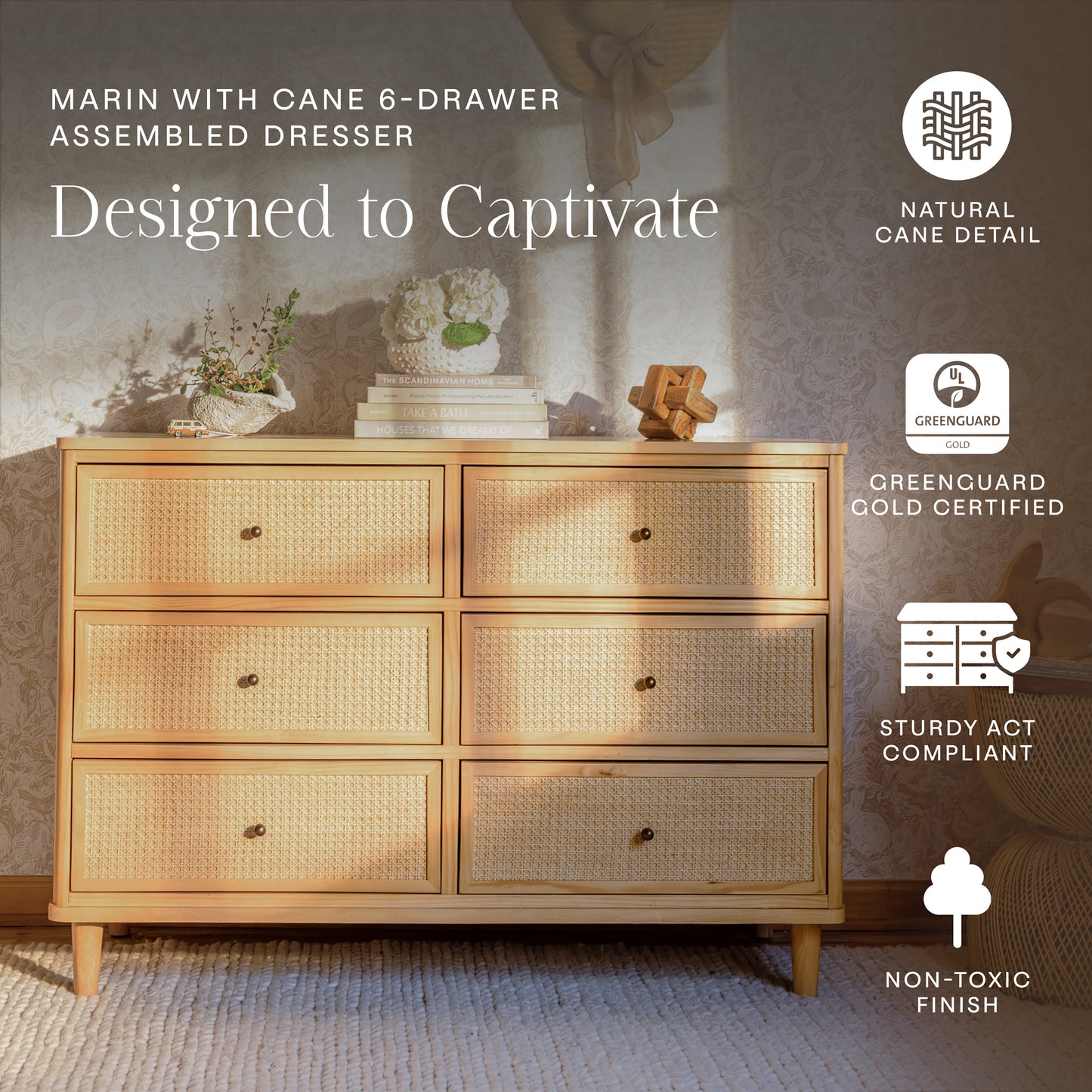 M23716HYHC,Namesake,Marin with Cane 6 Drawer Assembled Dresser in Honey and Honey Cane